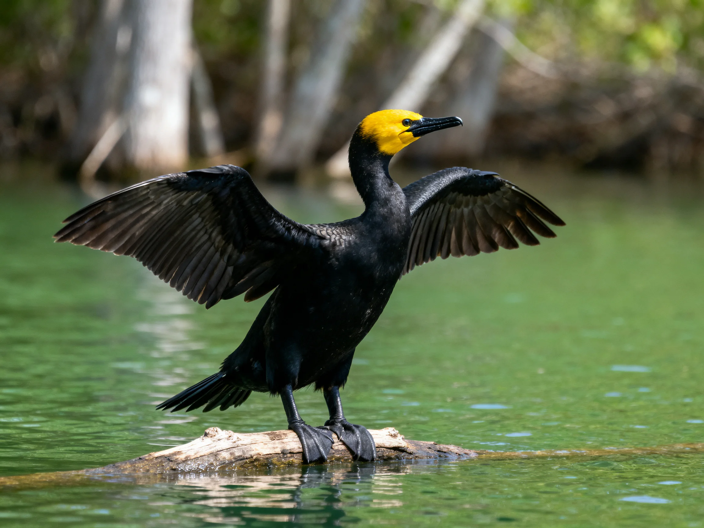 Black-feathered cormorant with yellow head spreads wings on log over green water