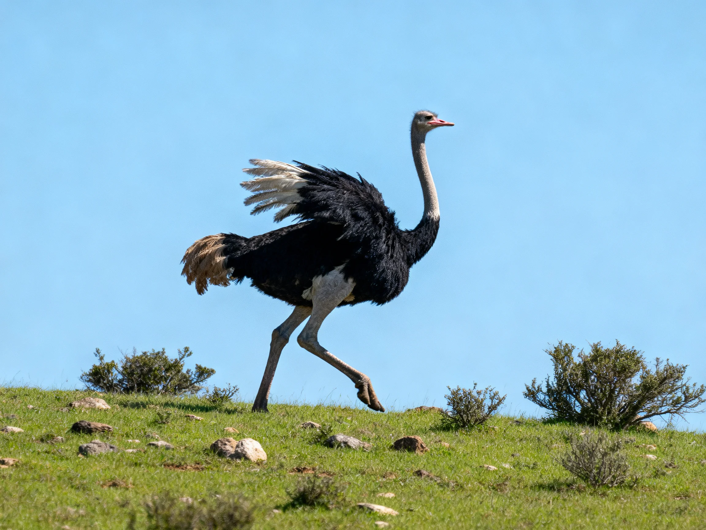 Black-feathered ostrich running on grassy hill under clear blue sky