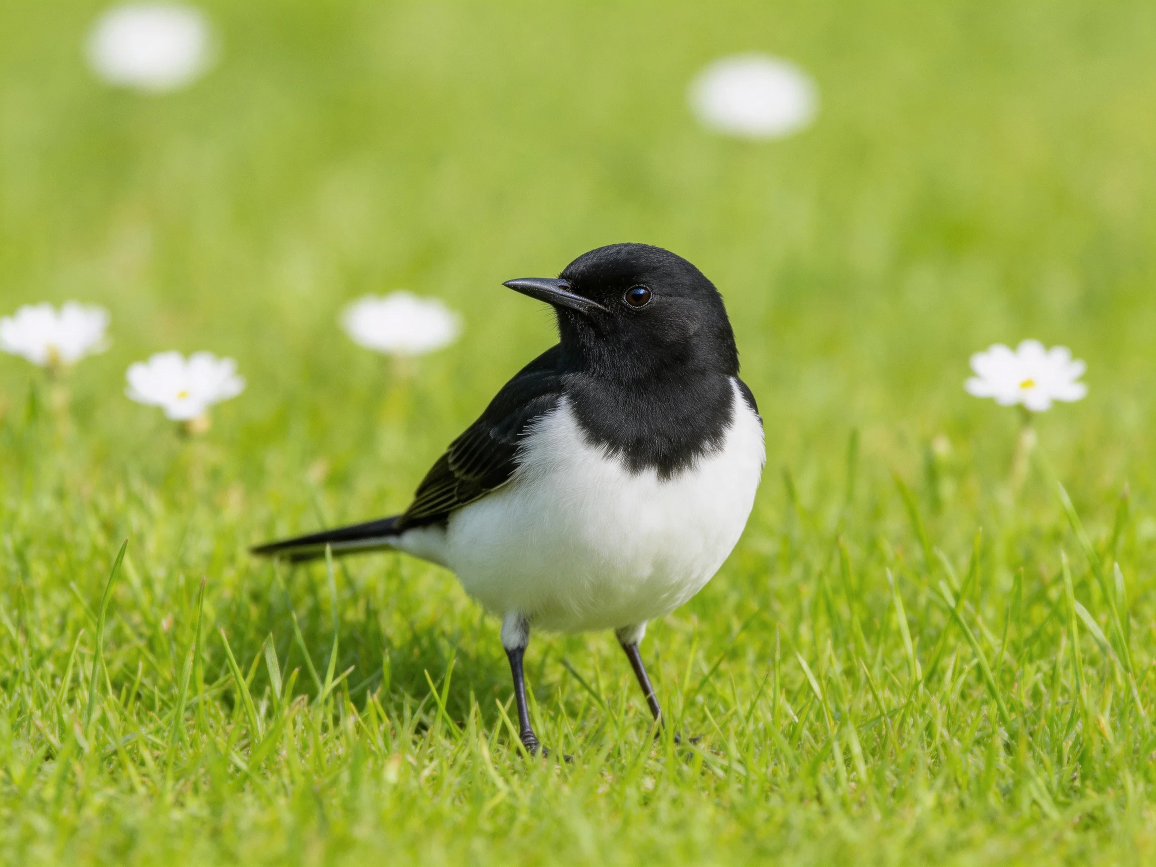 Black-headed bird on green grass near white blooms