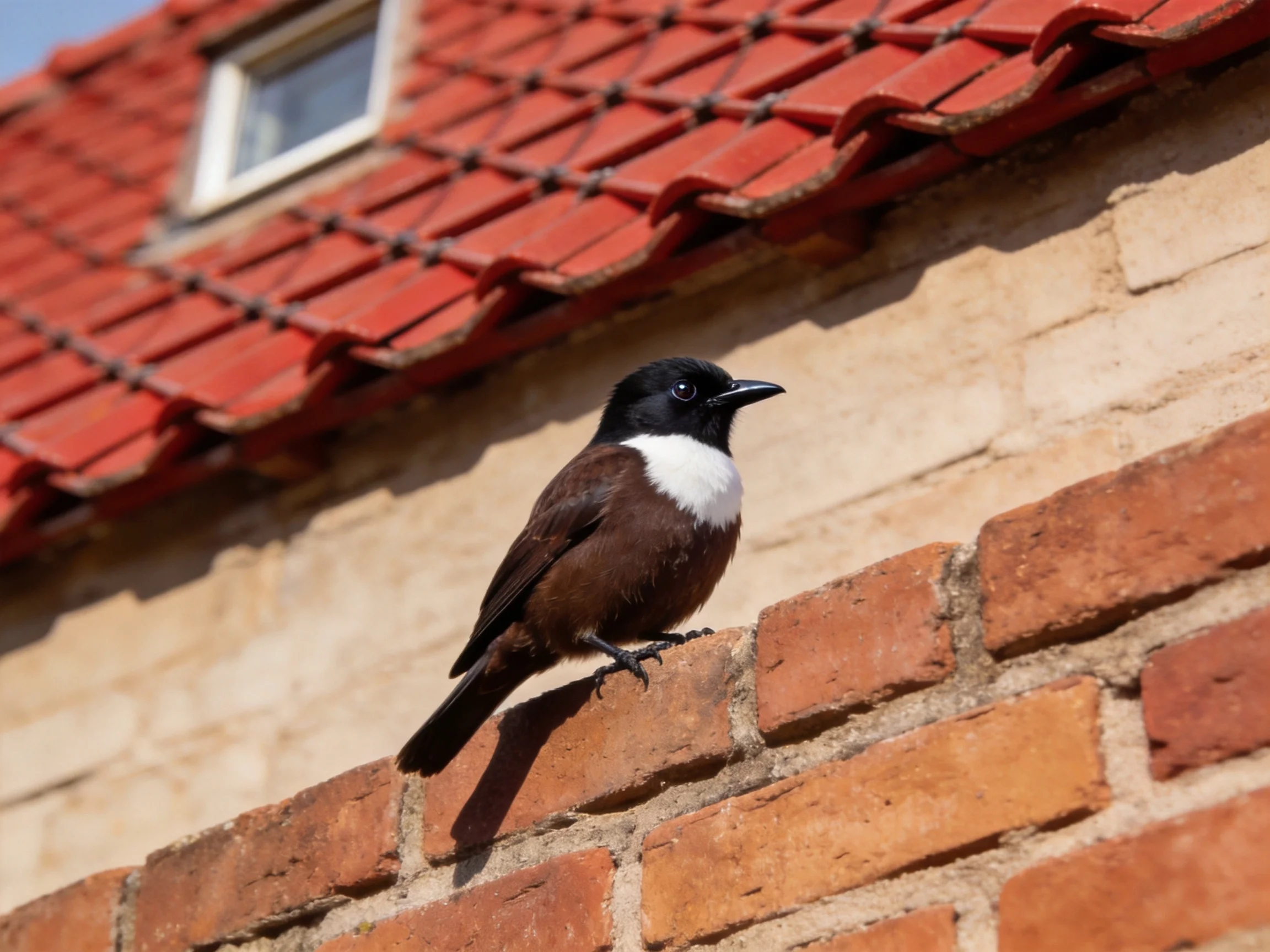 Black-headed bird perches on red-brick wall near red-tiled roof