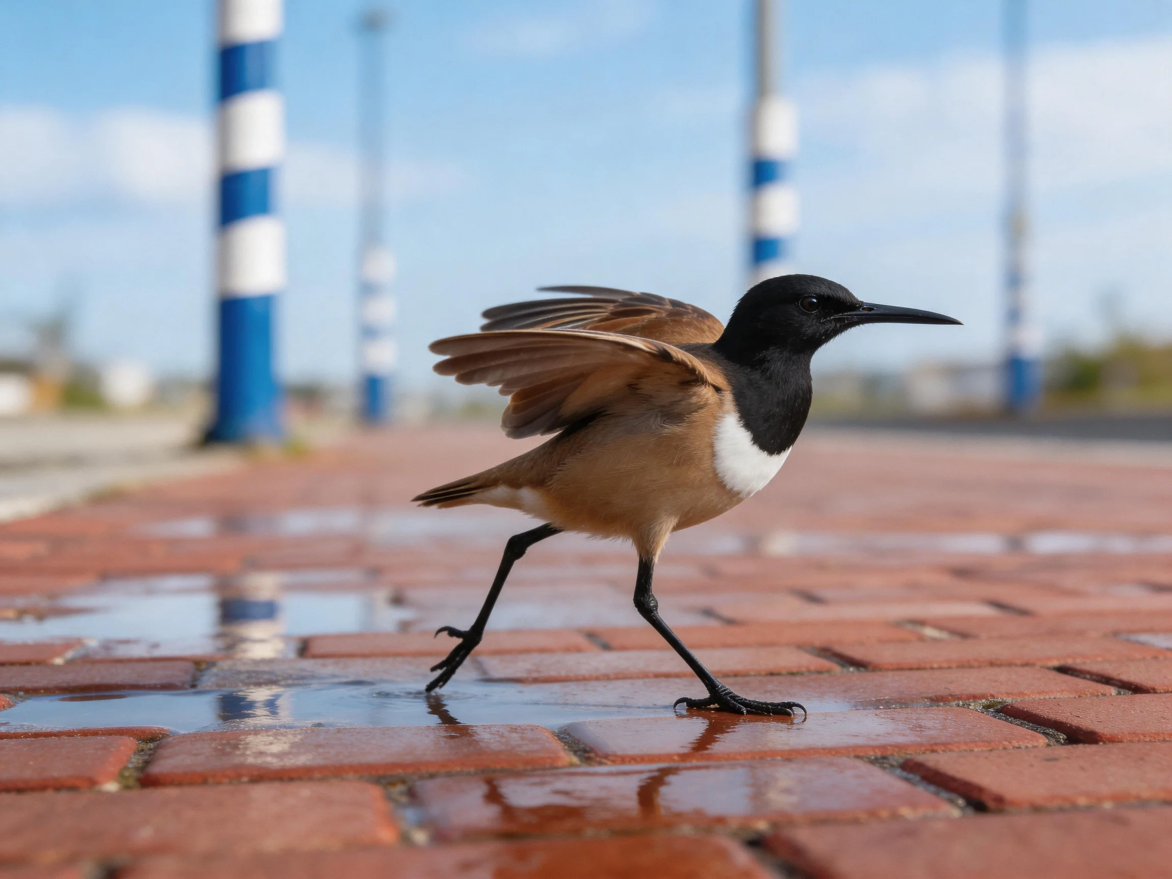 Black-headed bird walks on wet brick pavement near striped poles