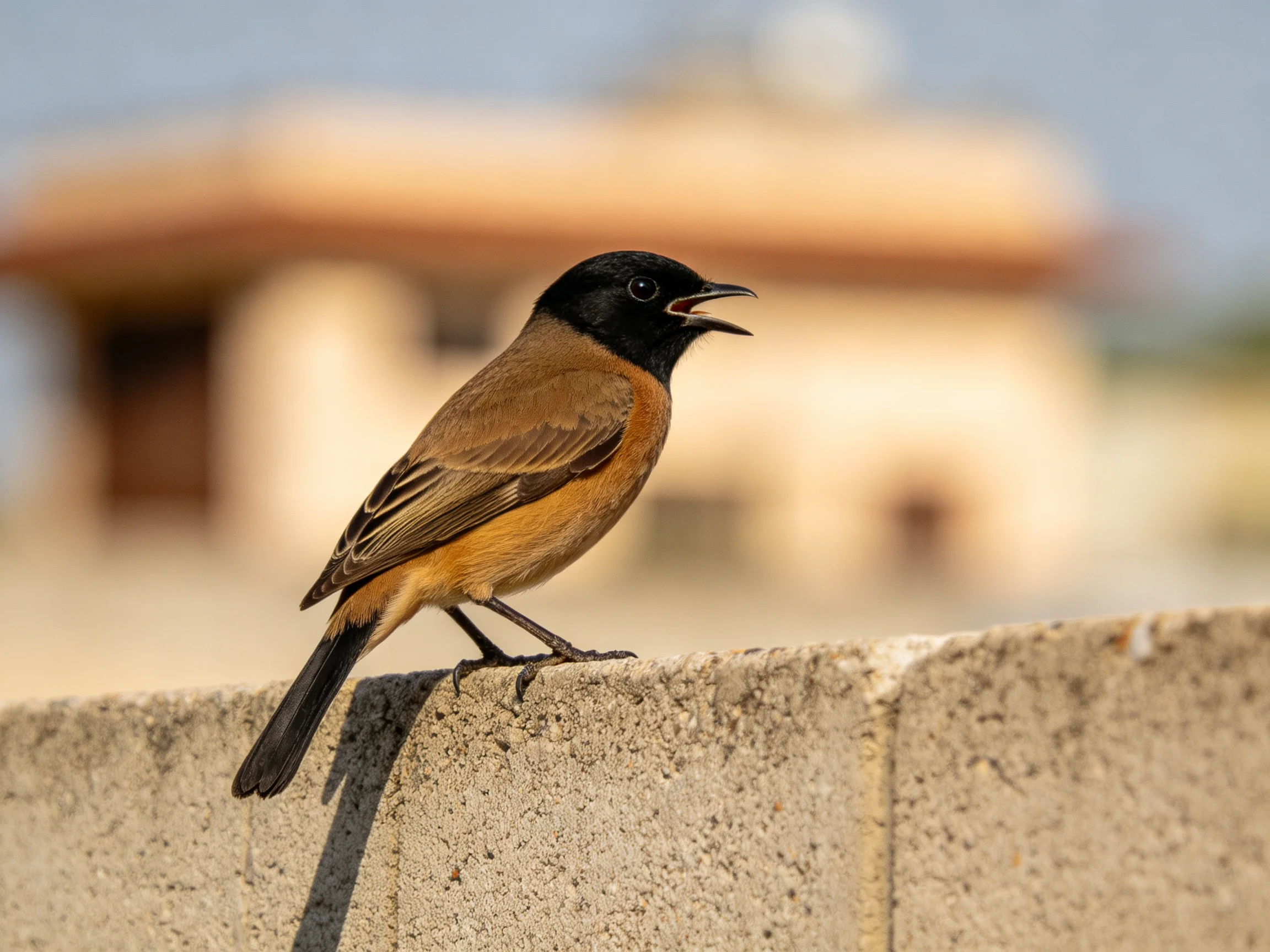 A black-headed bird with brown-orange plumage perches on a concrete ledge near a blurred building.