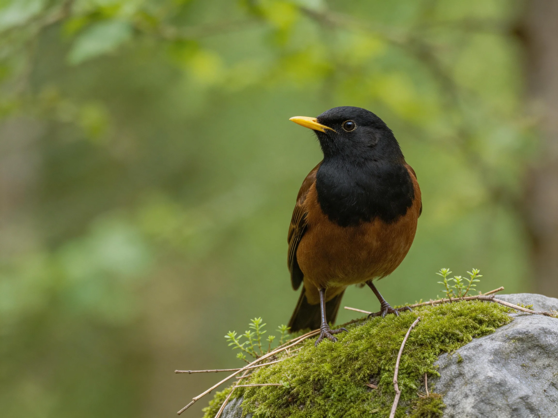 Black-headed bird with brown plumage perches on mossy rock