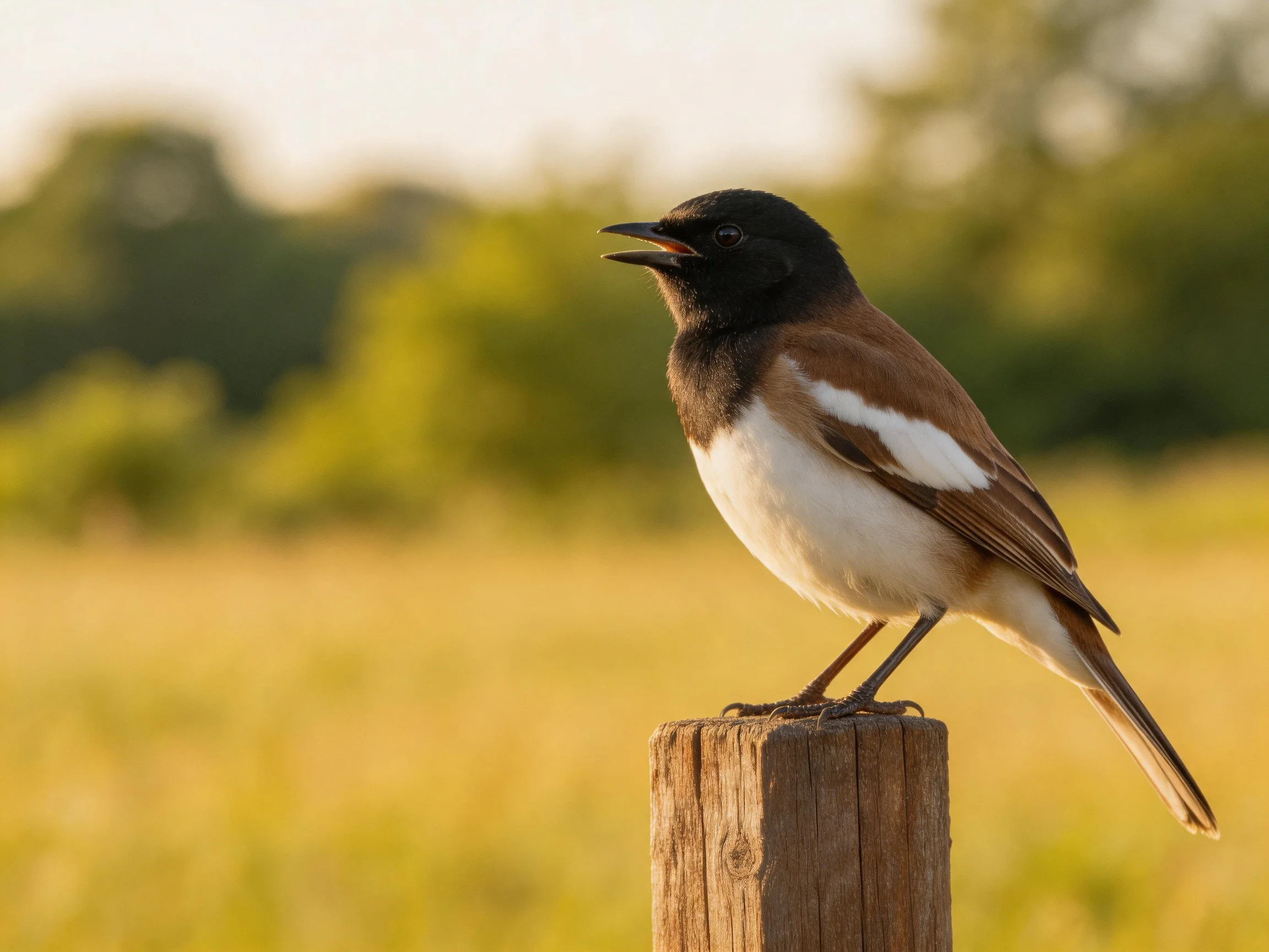 Black-headed bird with brown wings perches on wooden post