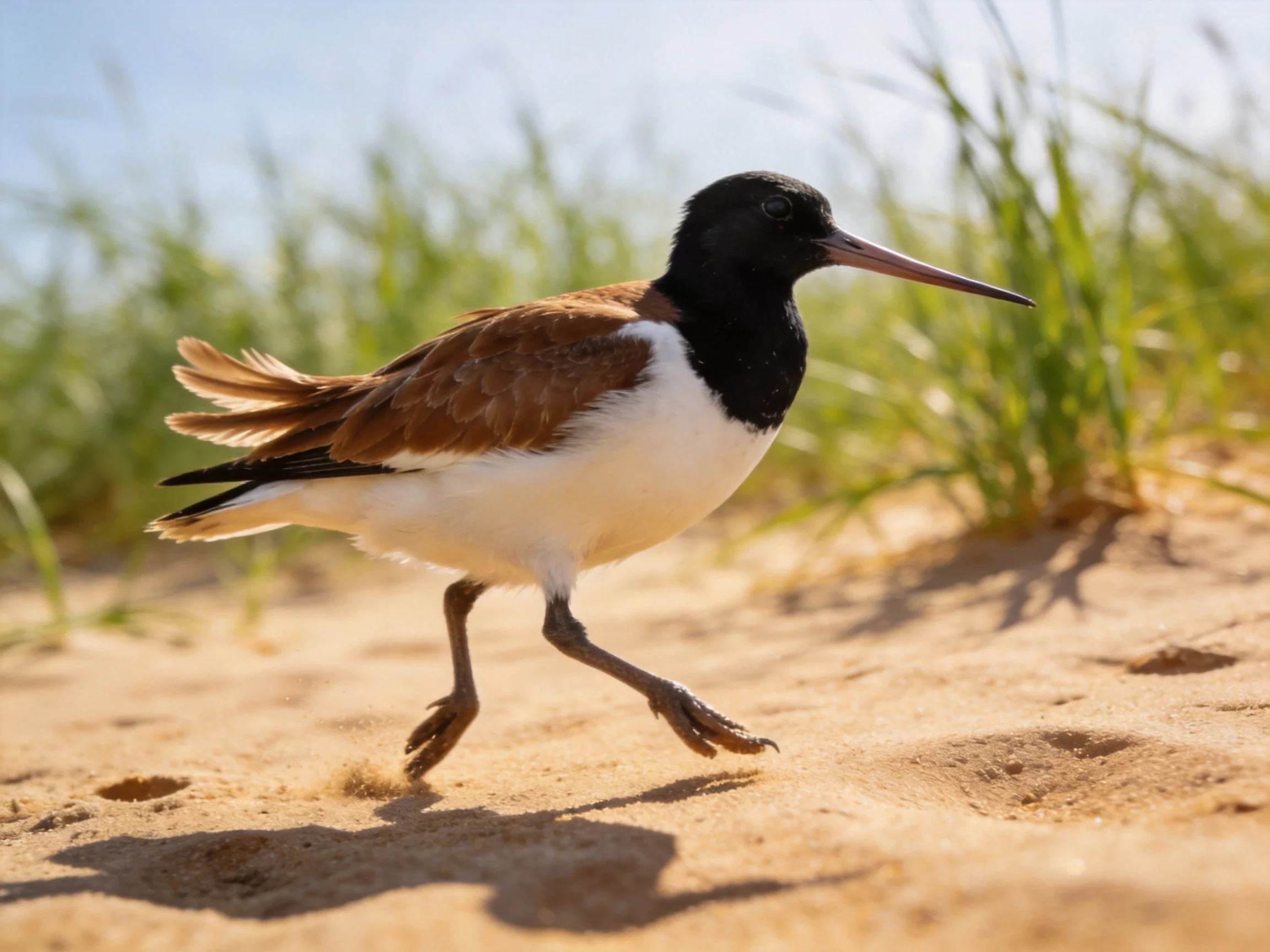 Black-headed bird with brown wings walks on sandy ground near tall grass