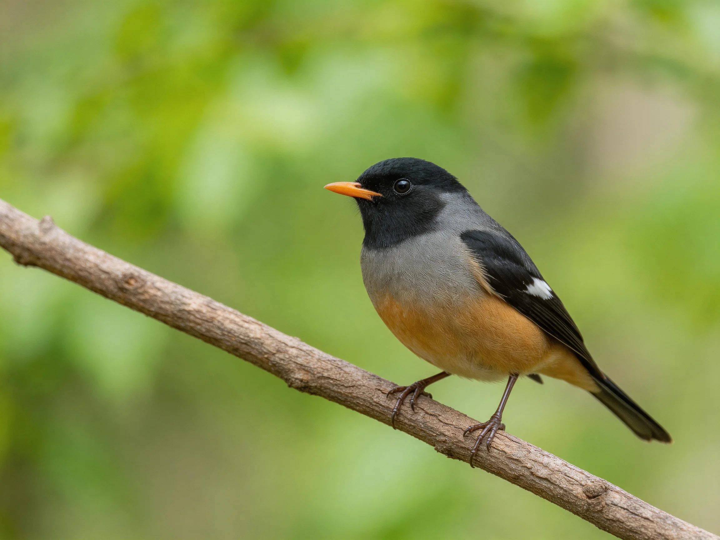 A small bird with distinctive plumage rests on a tree branch.