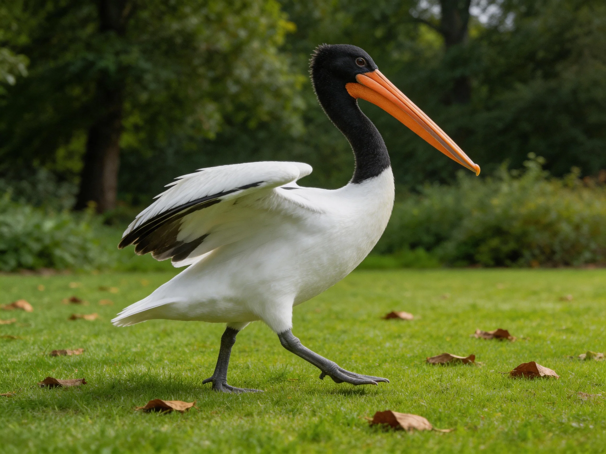 Black-headed bird with orange beak walks on grass near trees