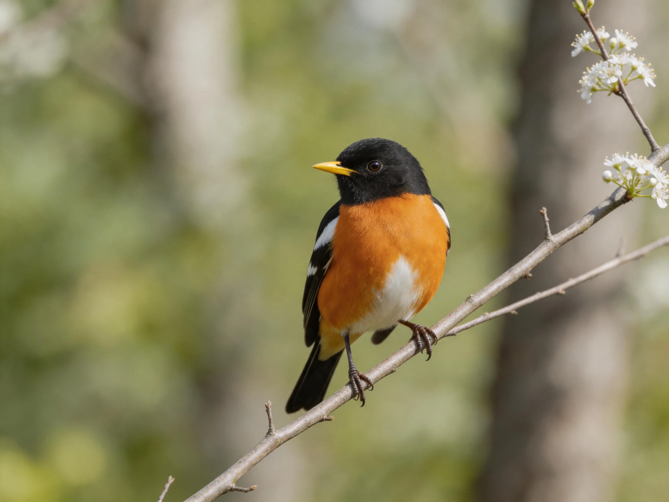 Black-headed bird with orange chest perches on flowering branch