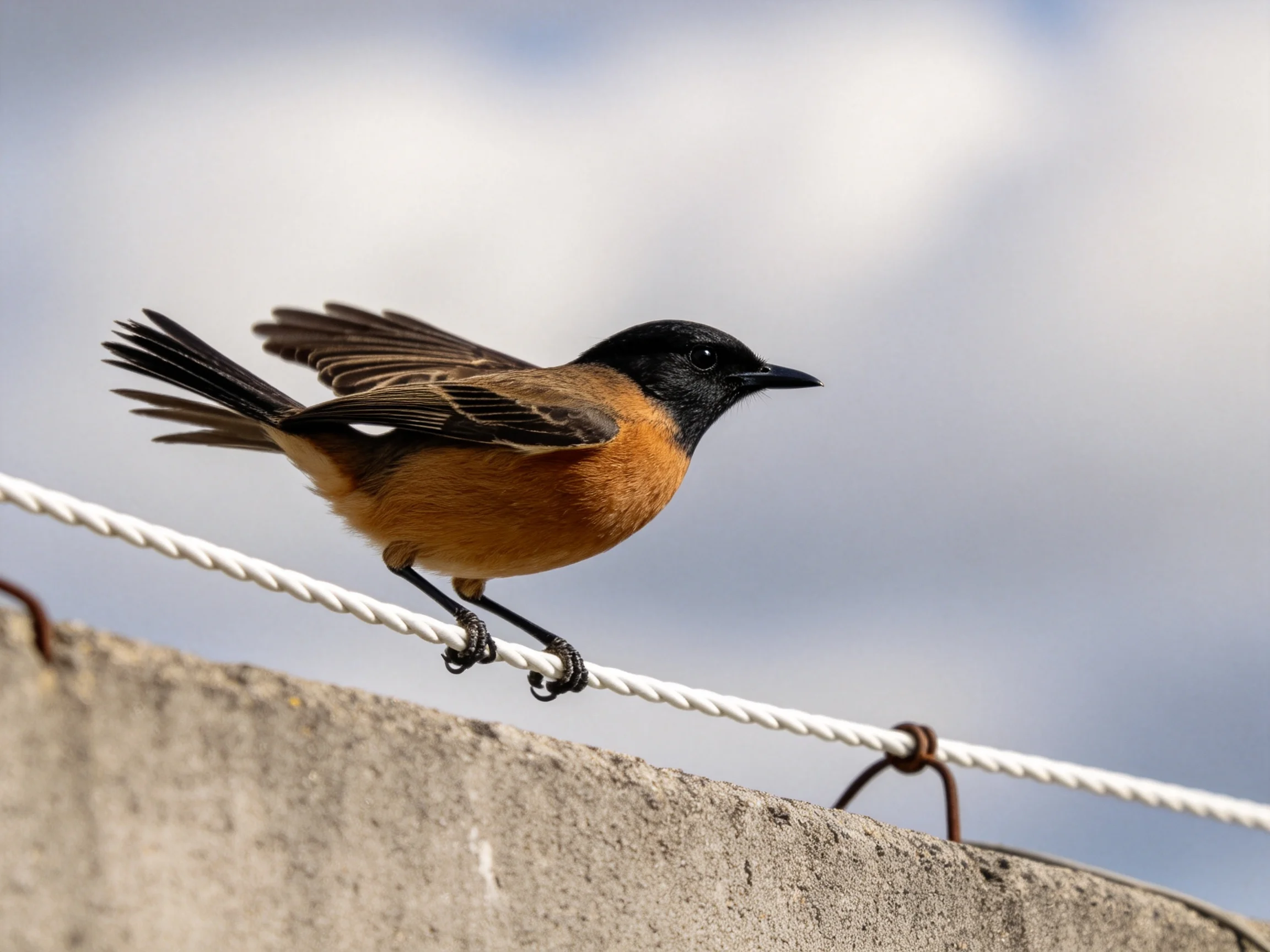 Black-headed bird with orange chest perches on white rope