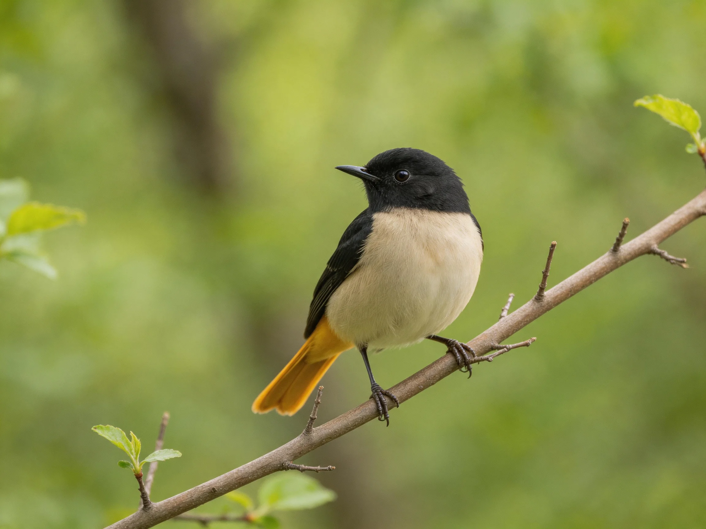 Black-headed bird with orange tail perches on a branch