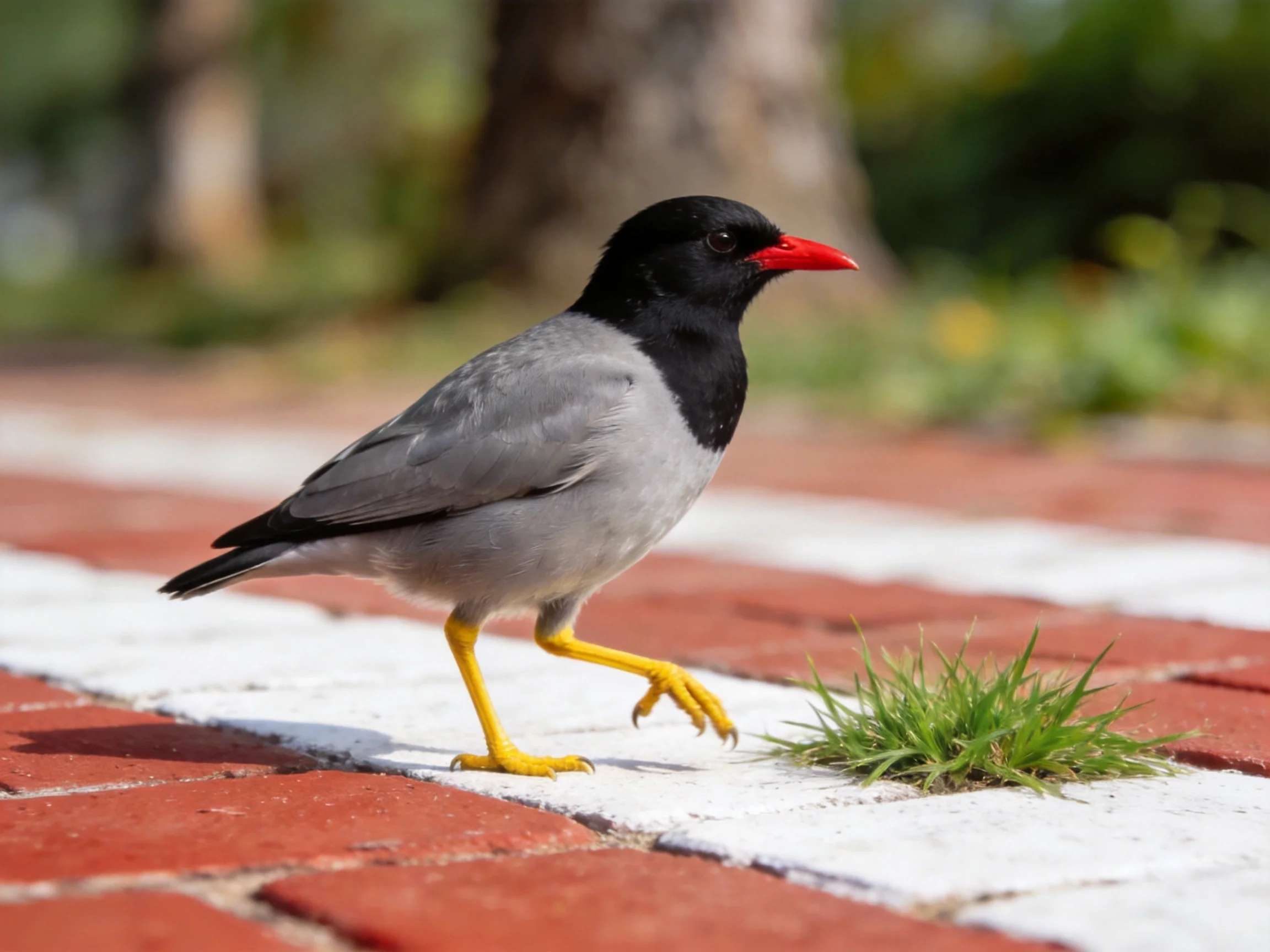 A black-headed bird with red beak walks along a brick pathway near grass.