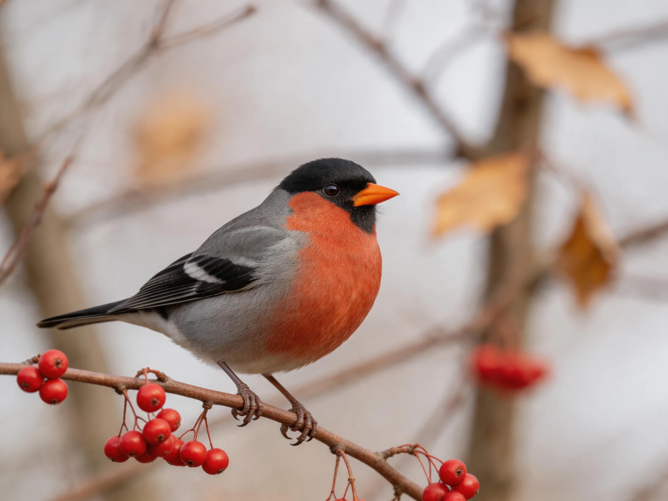 Black-headed bird with red chest perches on branch with red berries