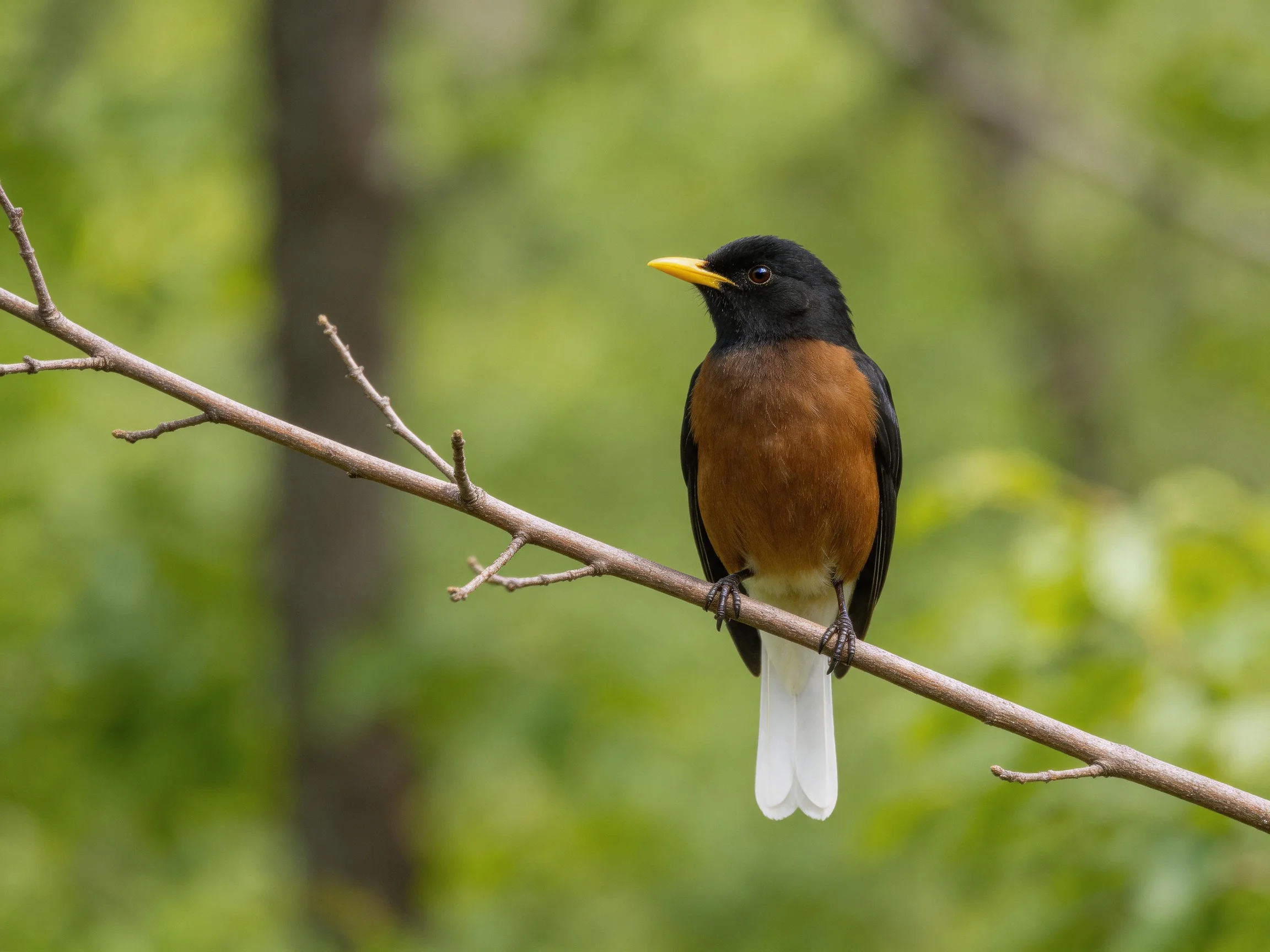 Black-headed bird with rust chest perches on a bare branch