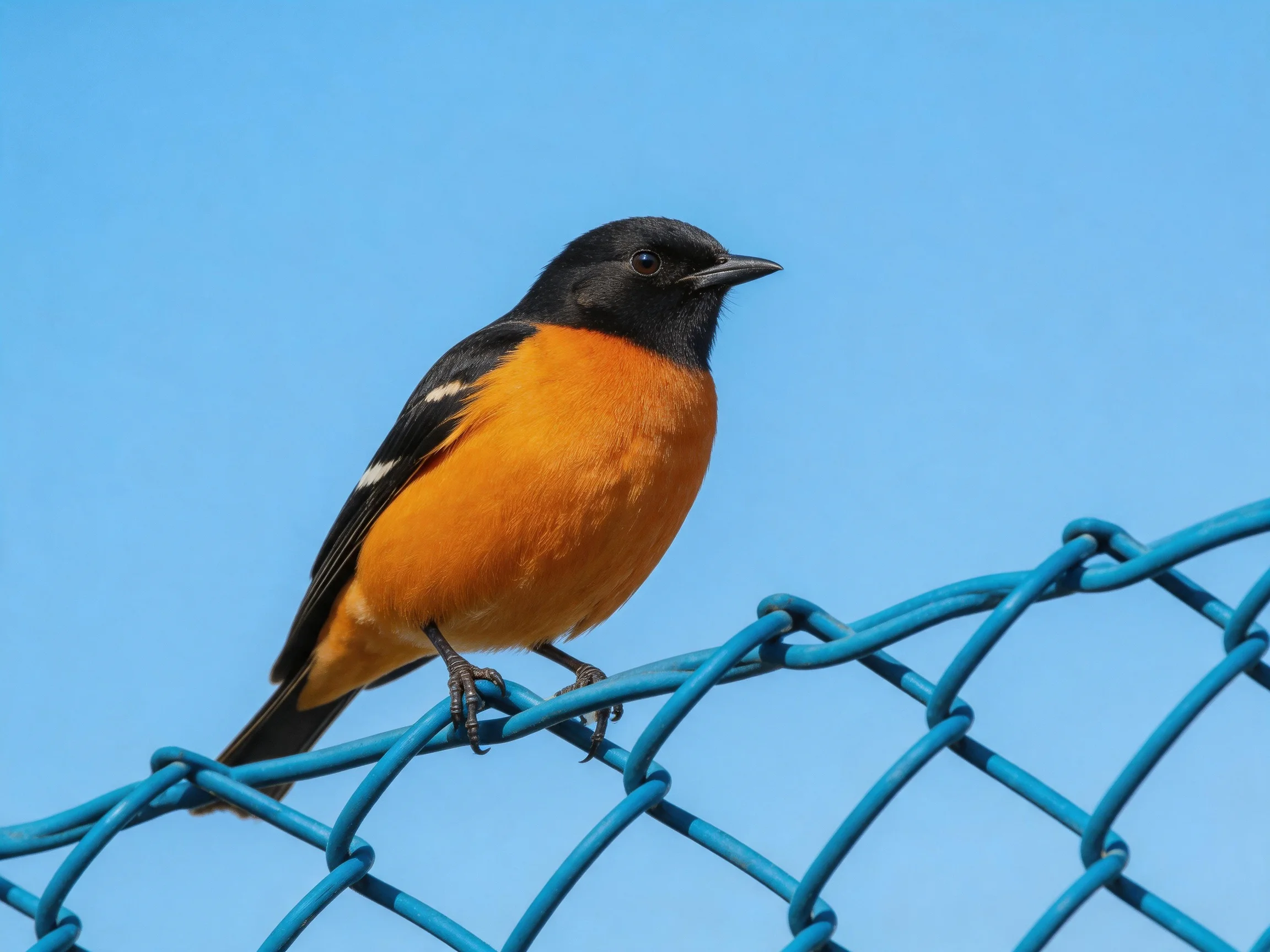 Black-headed bird with vibrant orange breast perches on blue fence