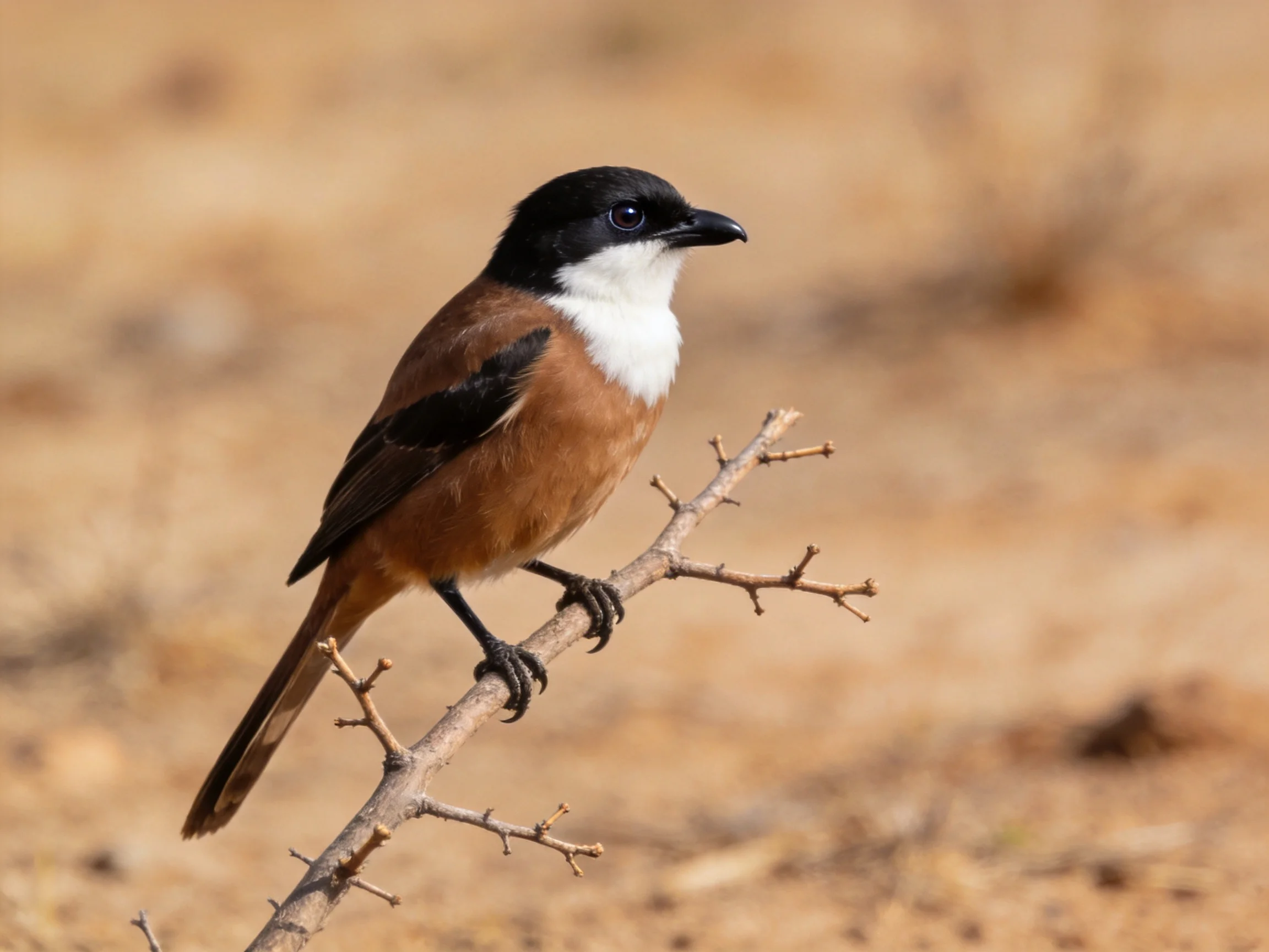 Black-headed bird with white chest perches on bare branch