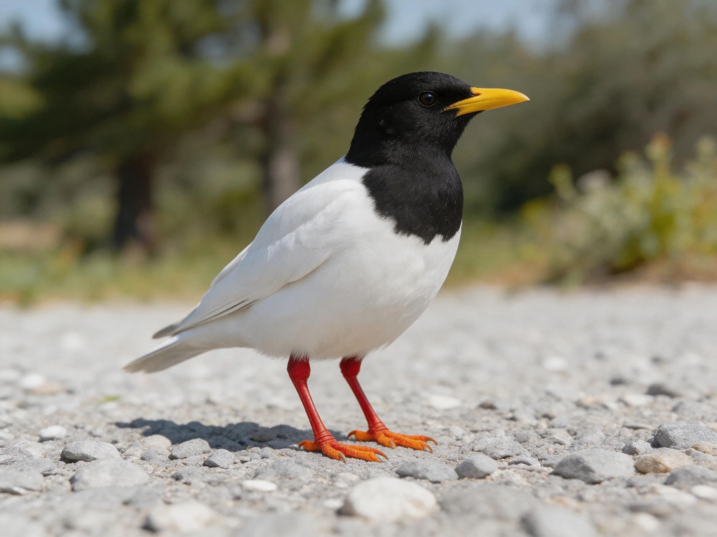 Black-headed bird with white plumage and yellow beak