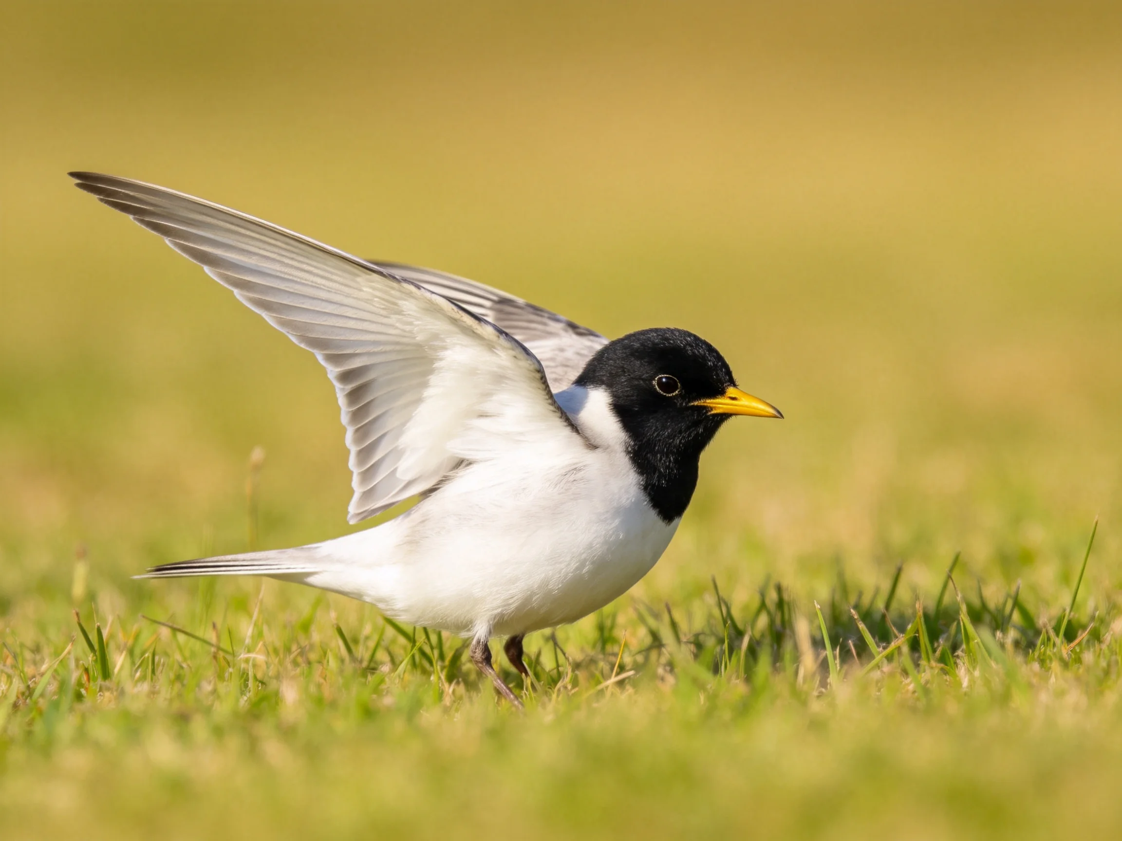 Black-headed bird with white plumage and yellow beak spreading wings on grass