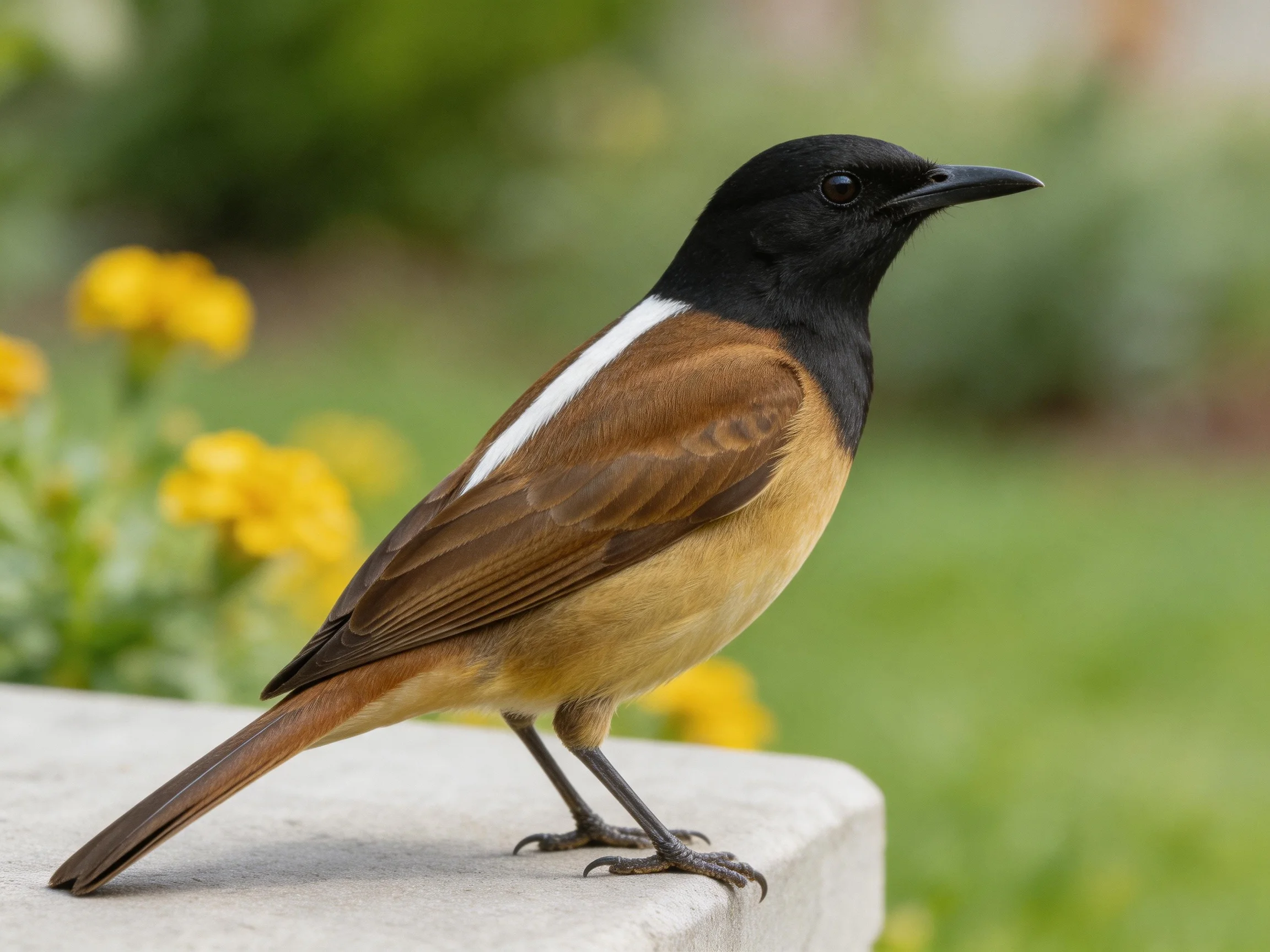 Black-headed bird with white wing stripe perched on stone near yellow flowers
