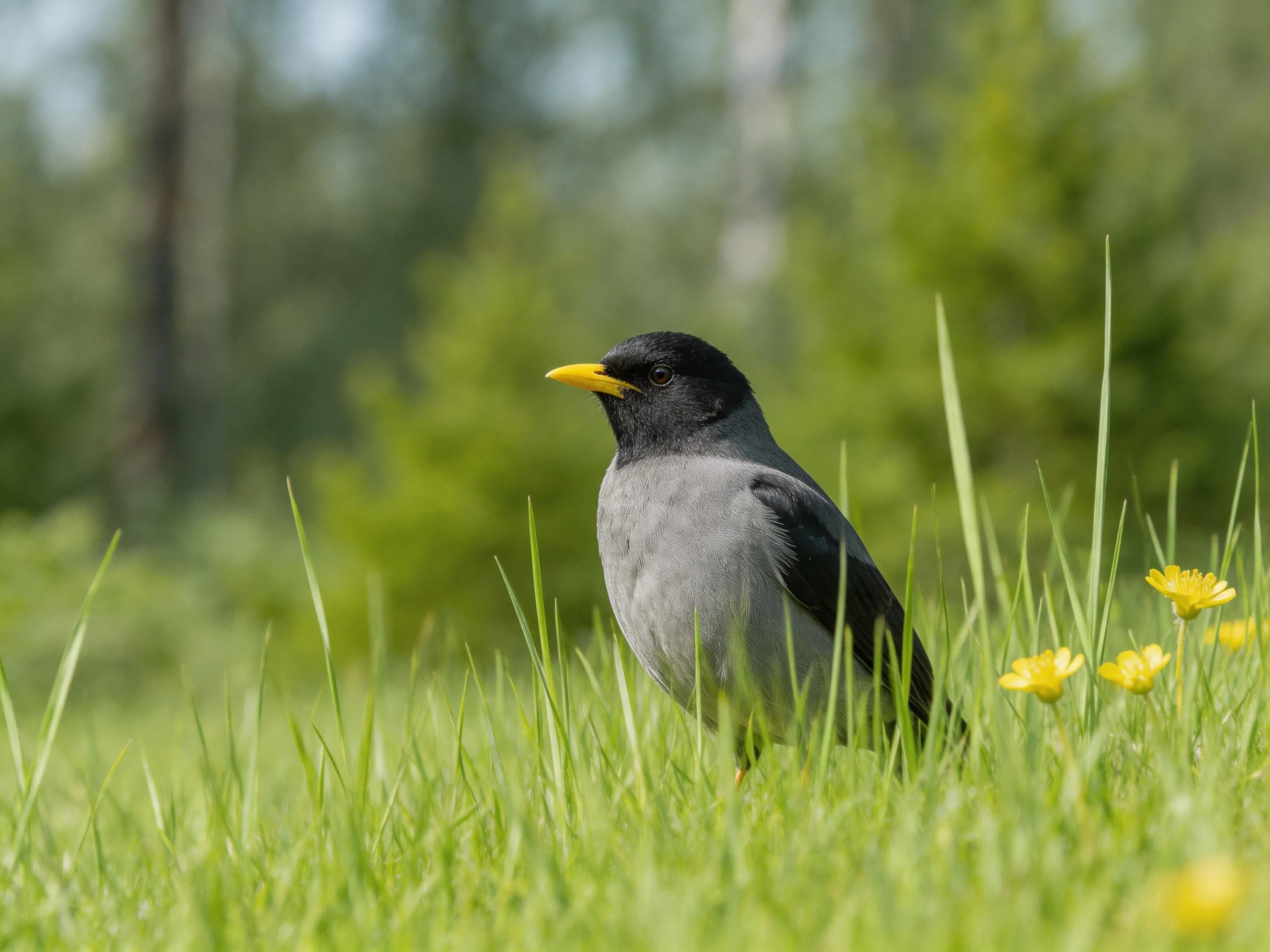 Black-headed bird with yellow beak amid tall green grass