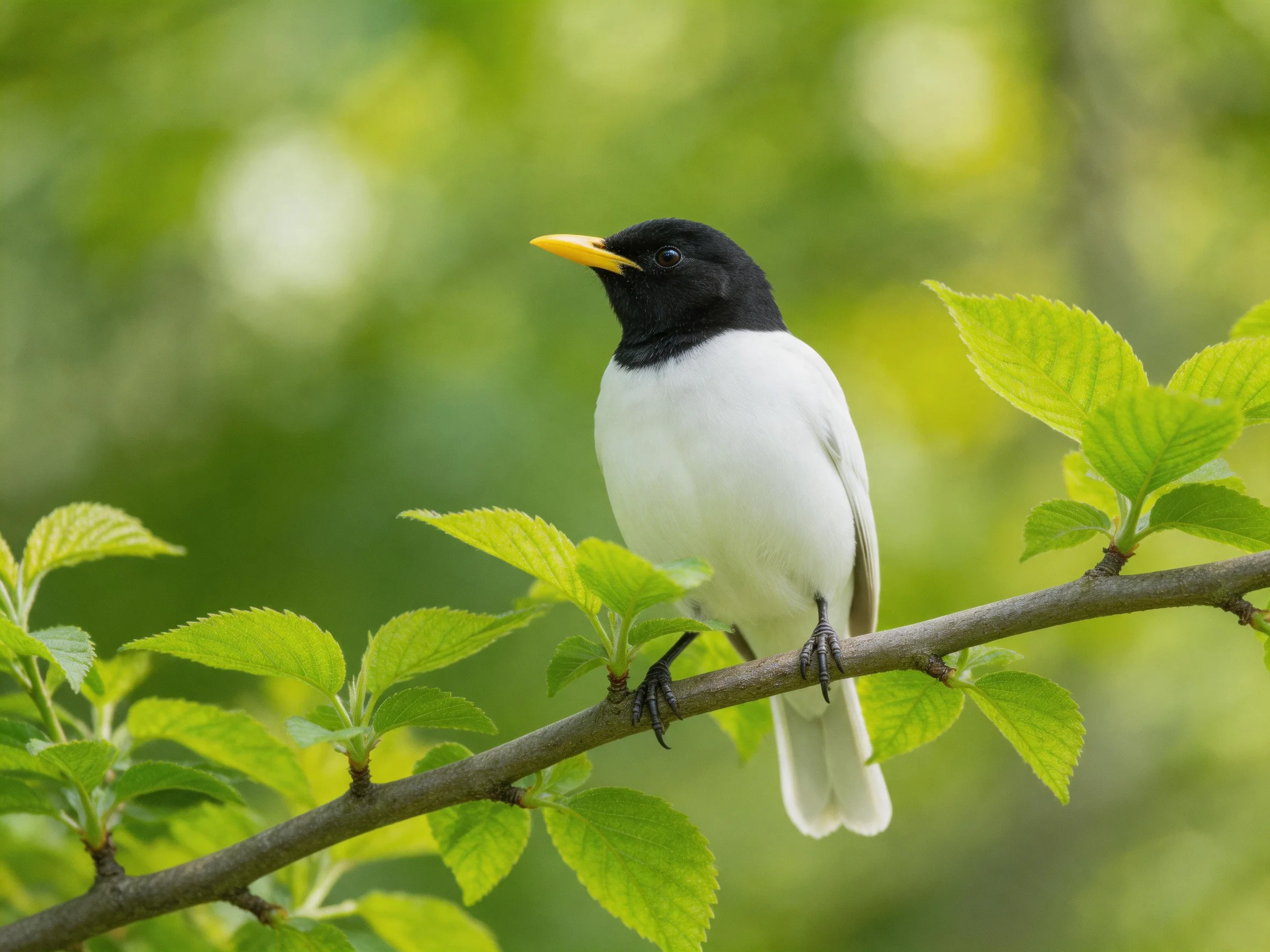 Black-headed bird with yellow beak on leafy branch