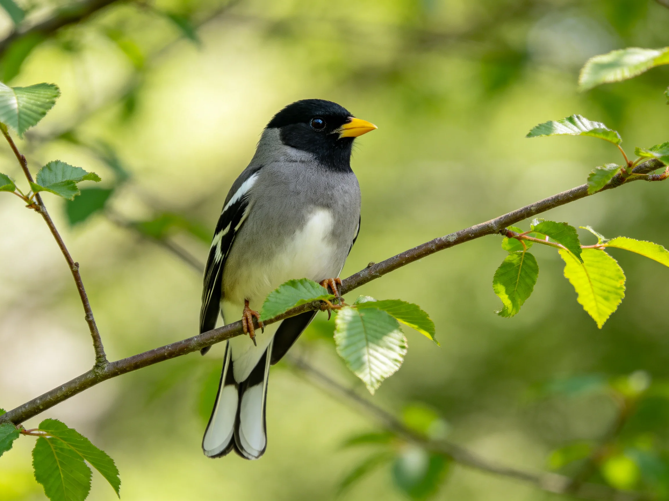 Black-headed bird with yellow beak perched on leafy branch