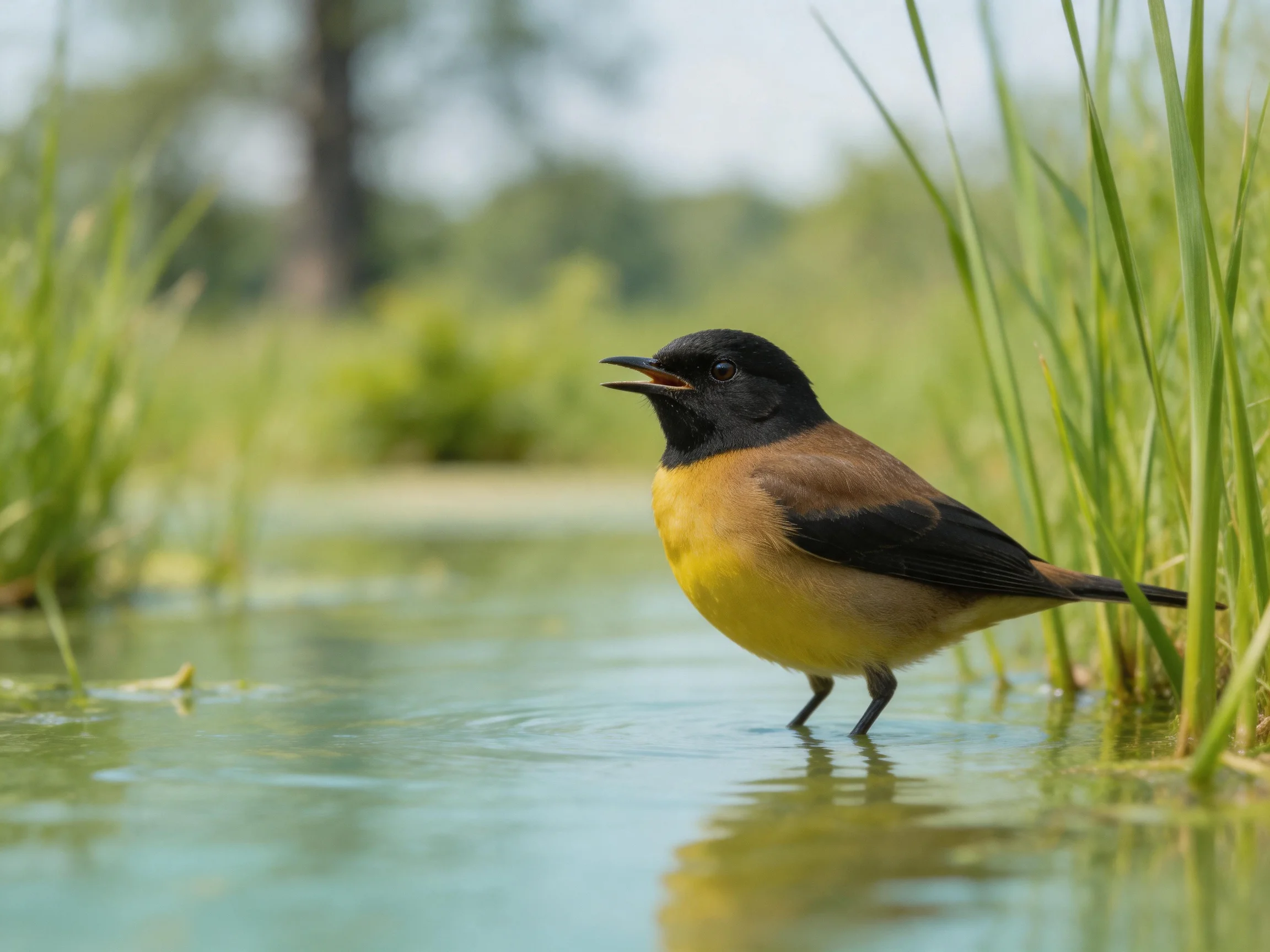 Black-headed bird with yellow chest stands in shallow water among tall green reeds