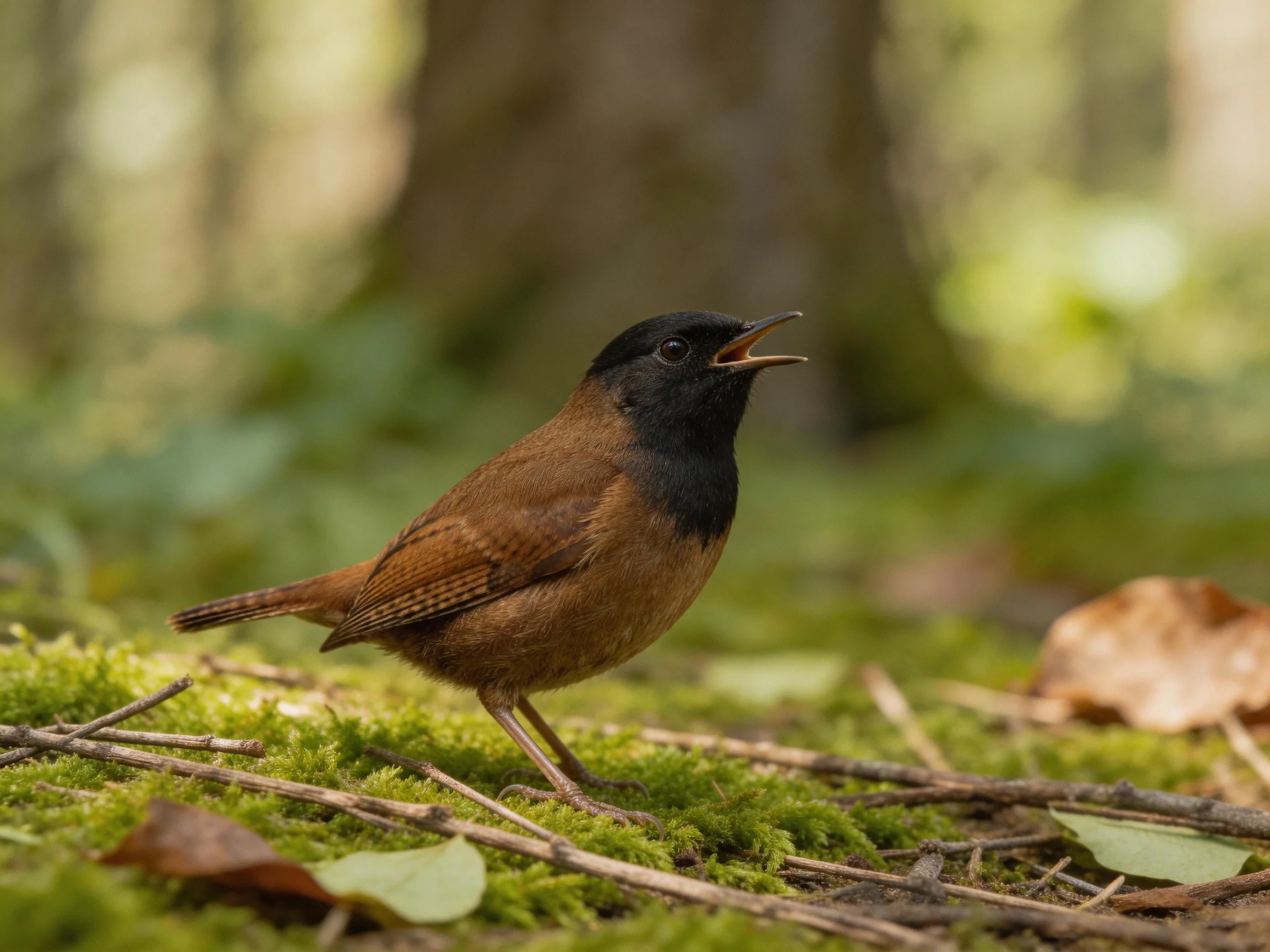 Black-headed brown bird on mossy forest floor