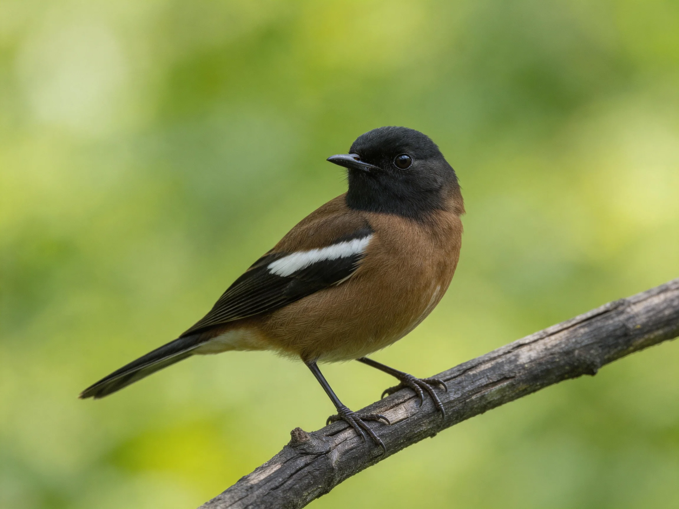 A small black-headed brown bird with distinctive white markings rests on a tree branch.