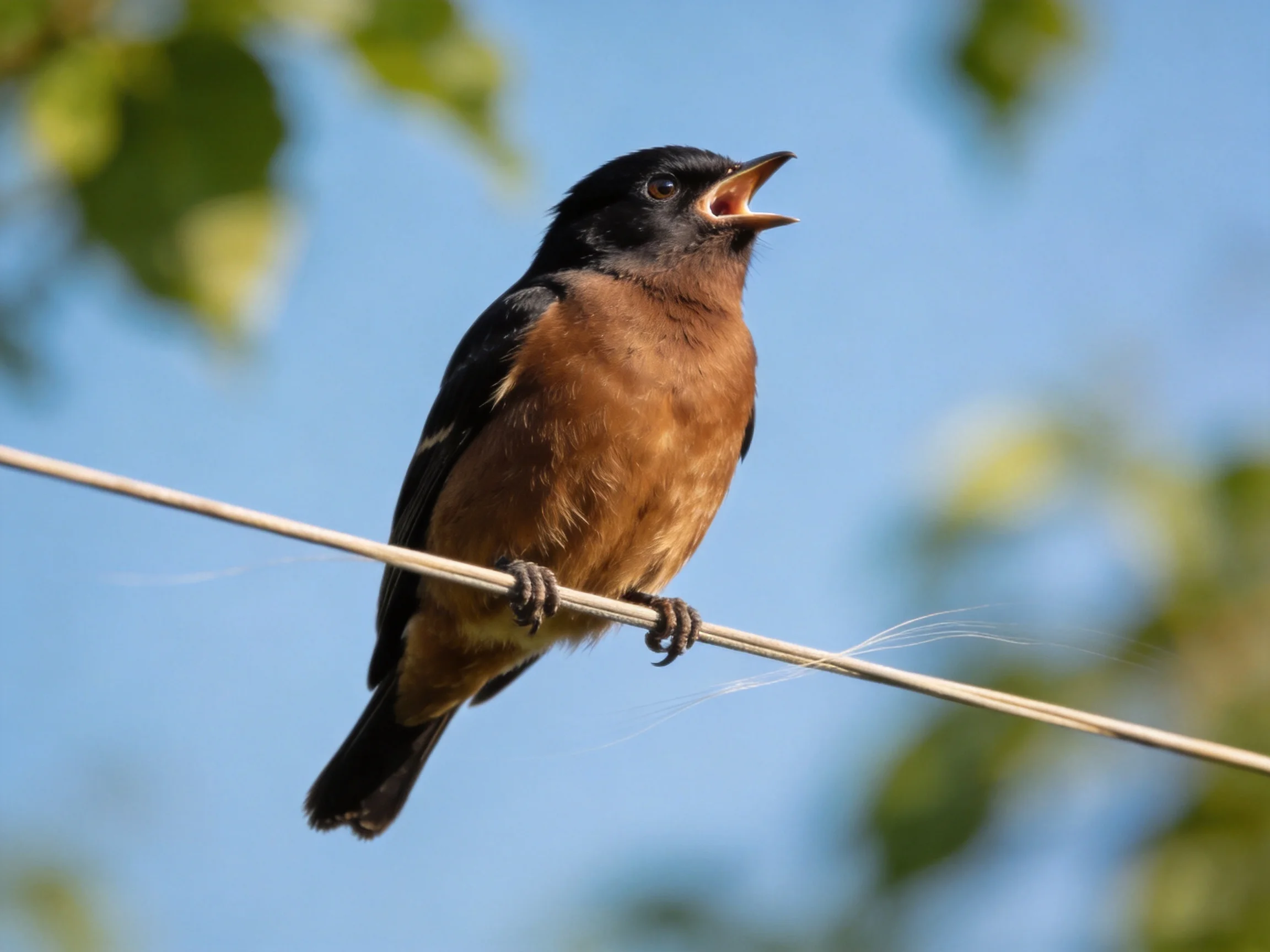 Black-headed brown-breasted bird perched on a thin wire