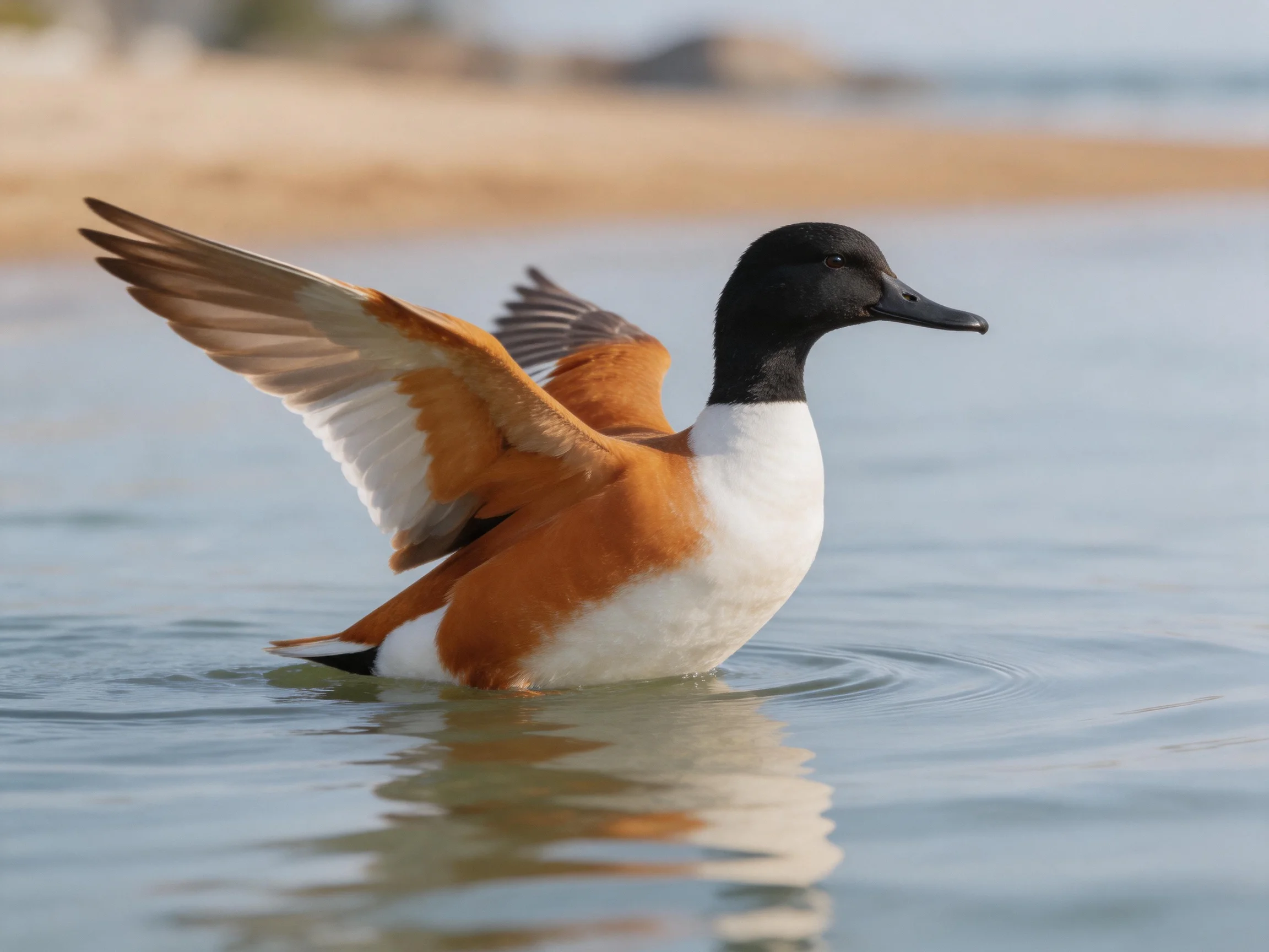 Black-headed duck spreading wings in shallow water