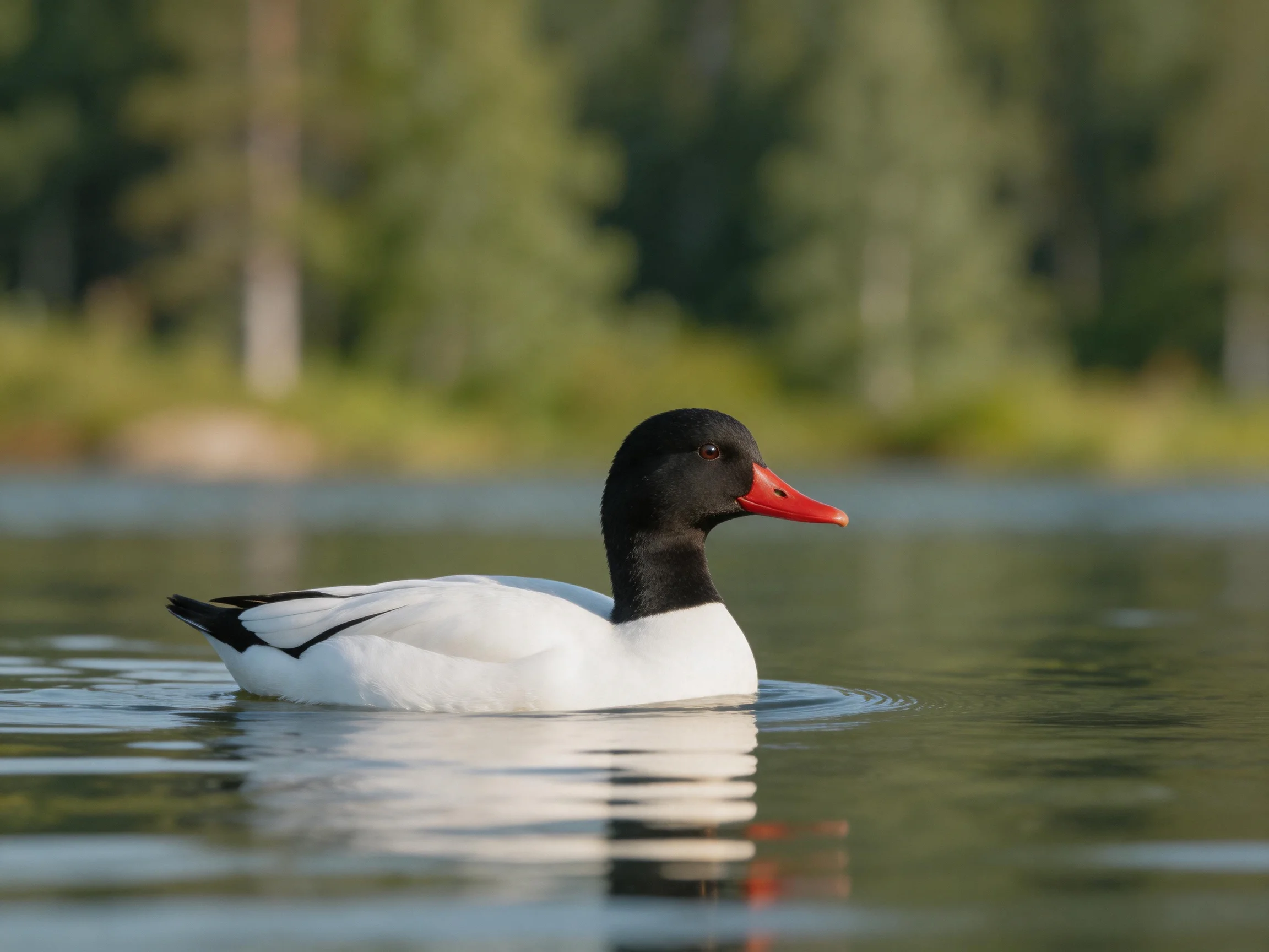 Black-headed duck swims in calm waters near forested shore