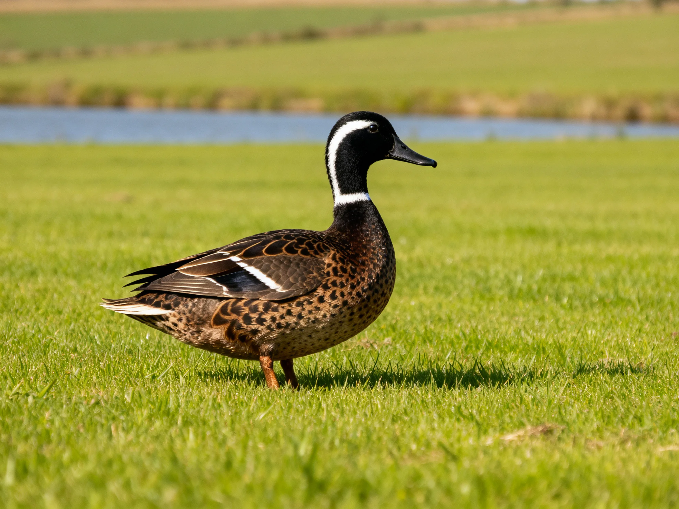 Black-headed duck with brown speckled plumage