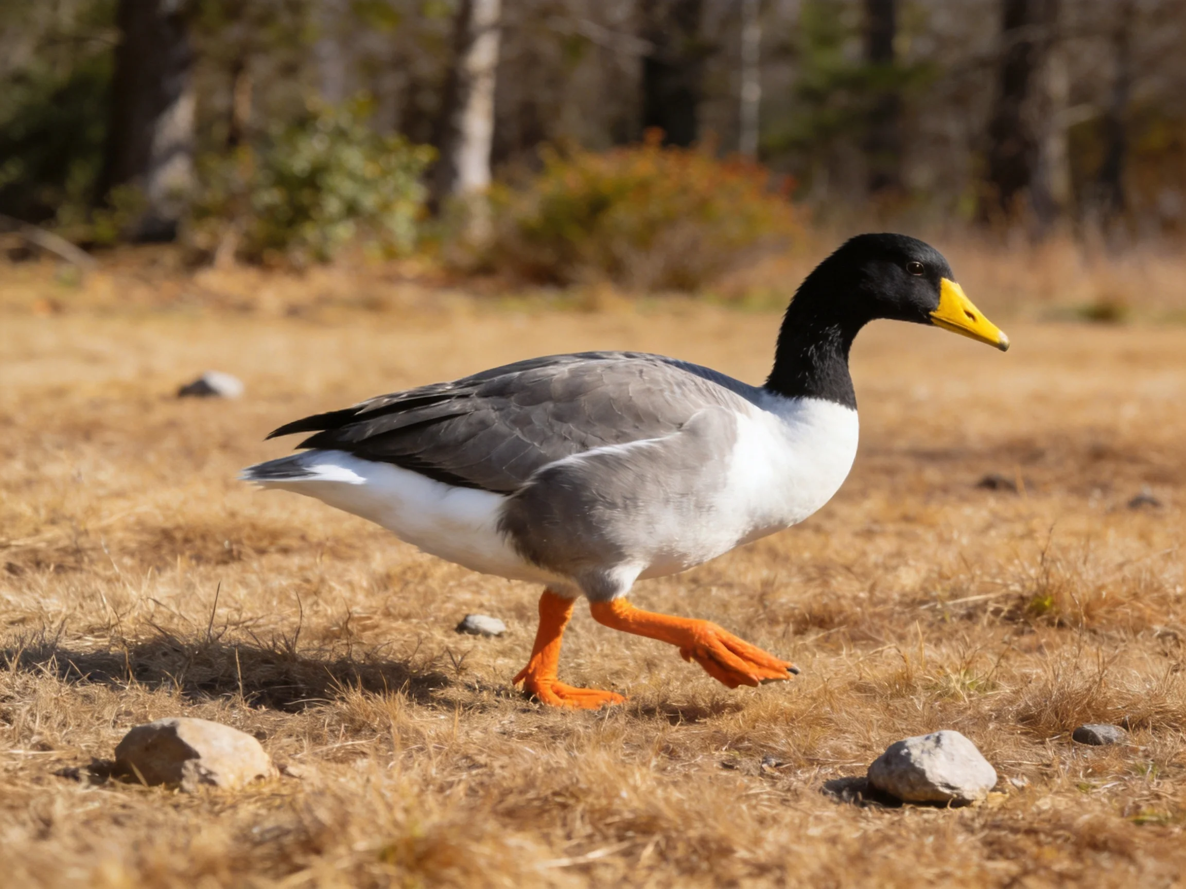 Black-headed duck with yellow beak and orange legs on dry grass near rocks