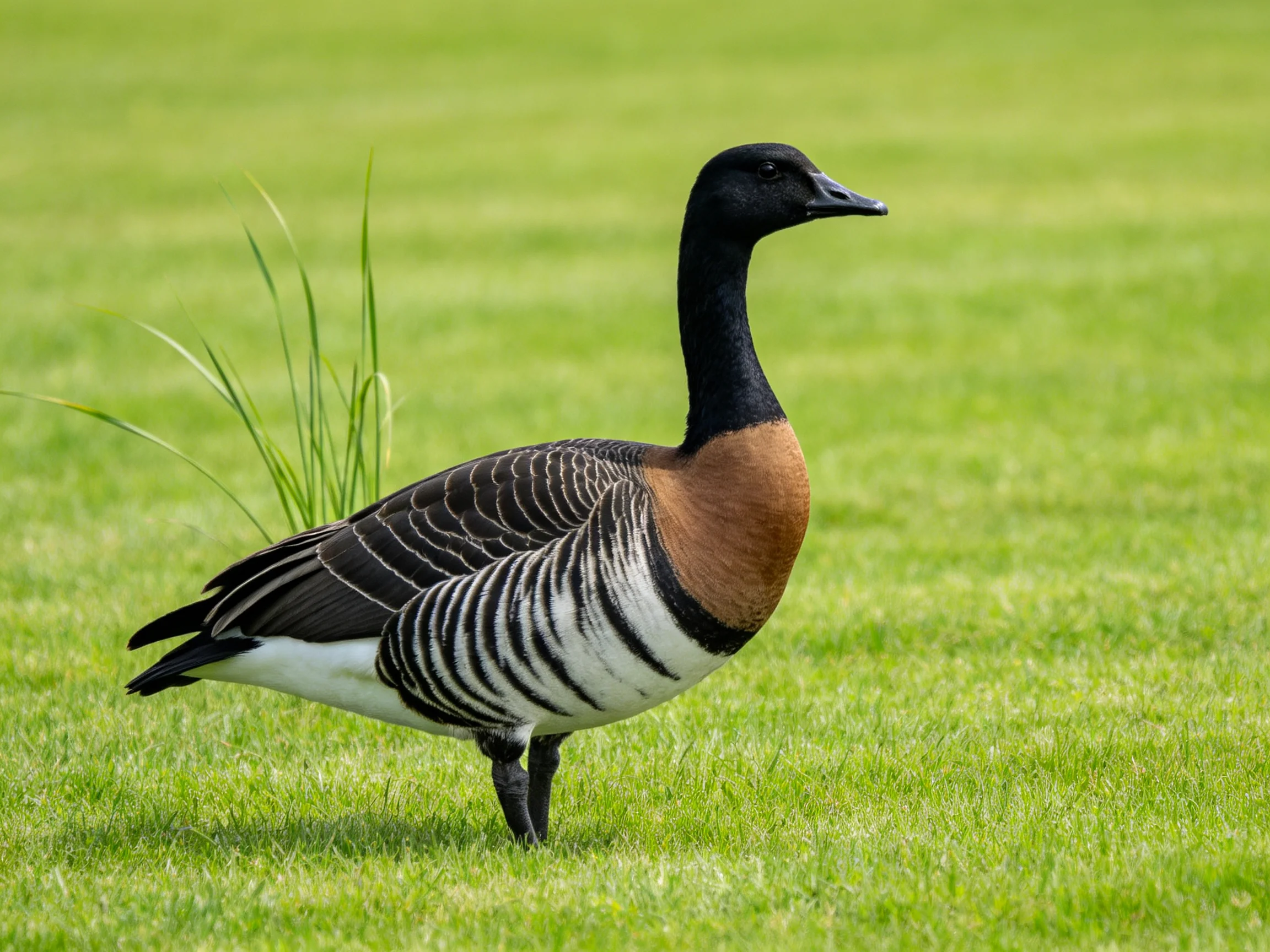 Black-headed goose with brown chest, striped body, on green grass
