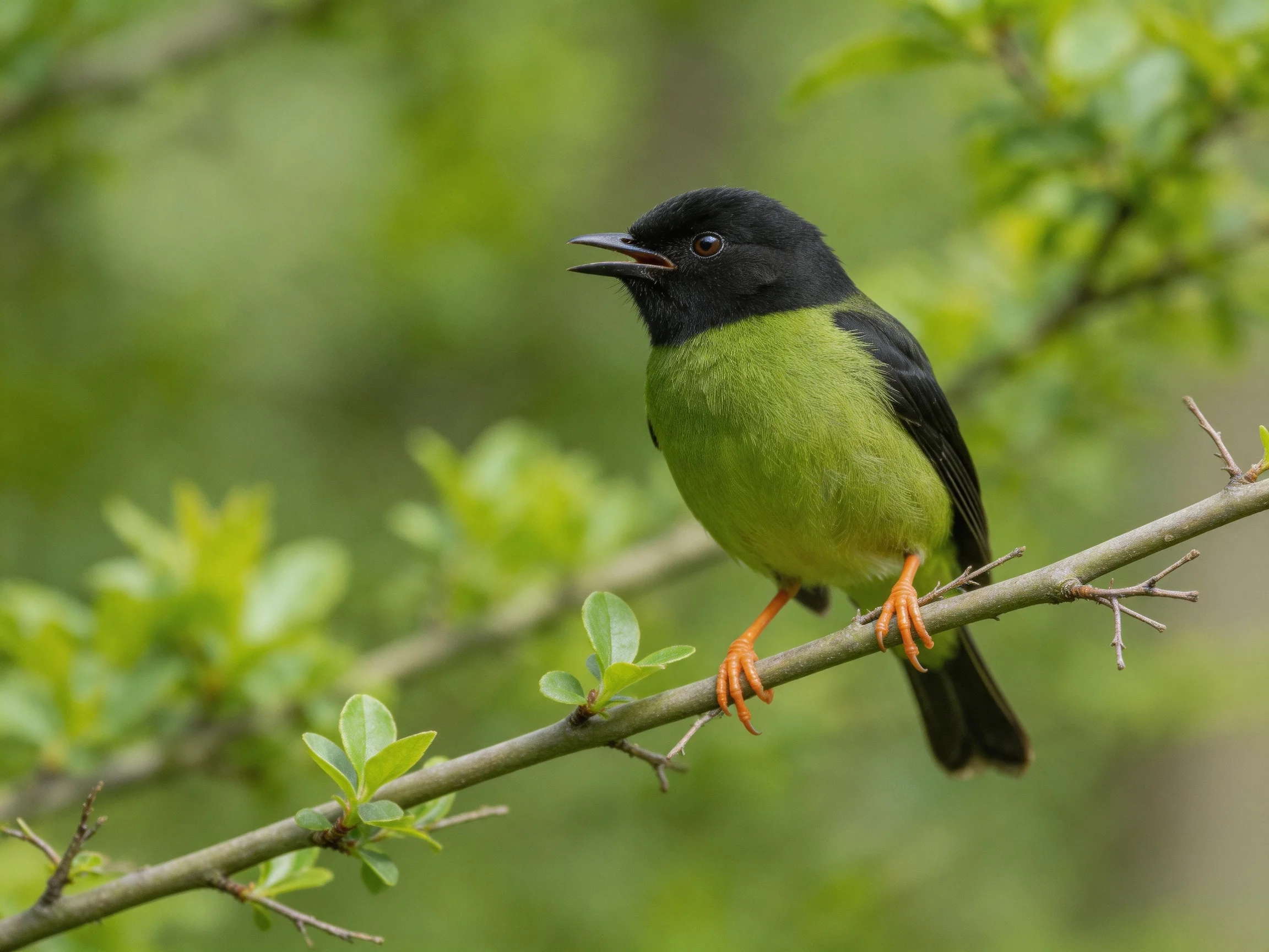 Black-headed green bird with orange feet perched on a branch