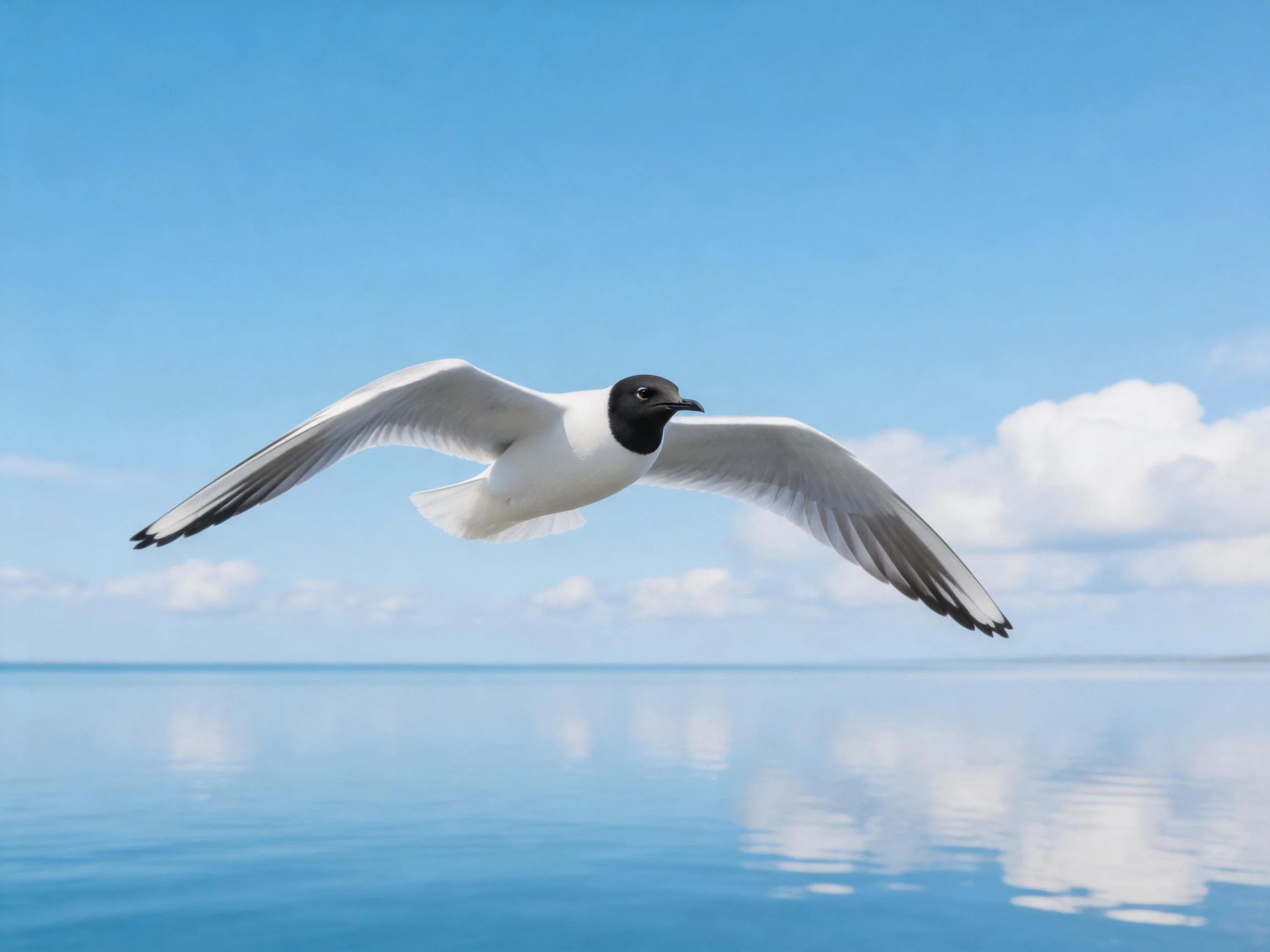 Black-headed gull soaring over calm blue waters under bright sky