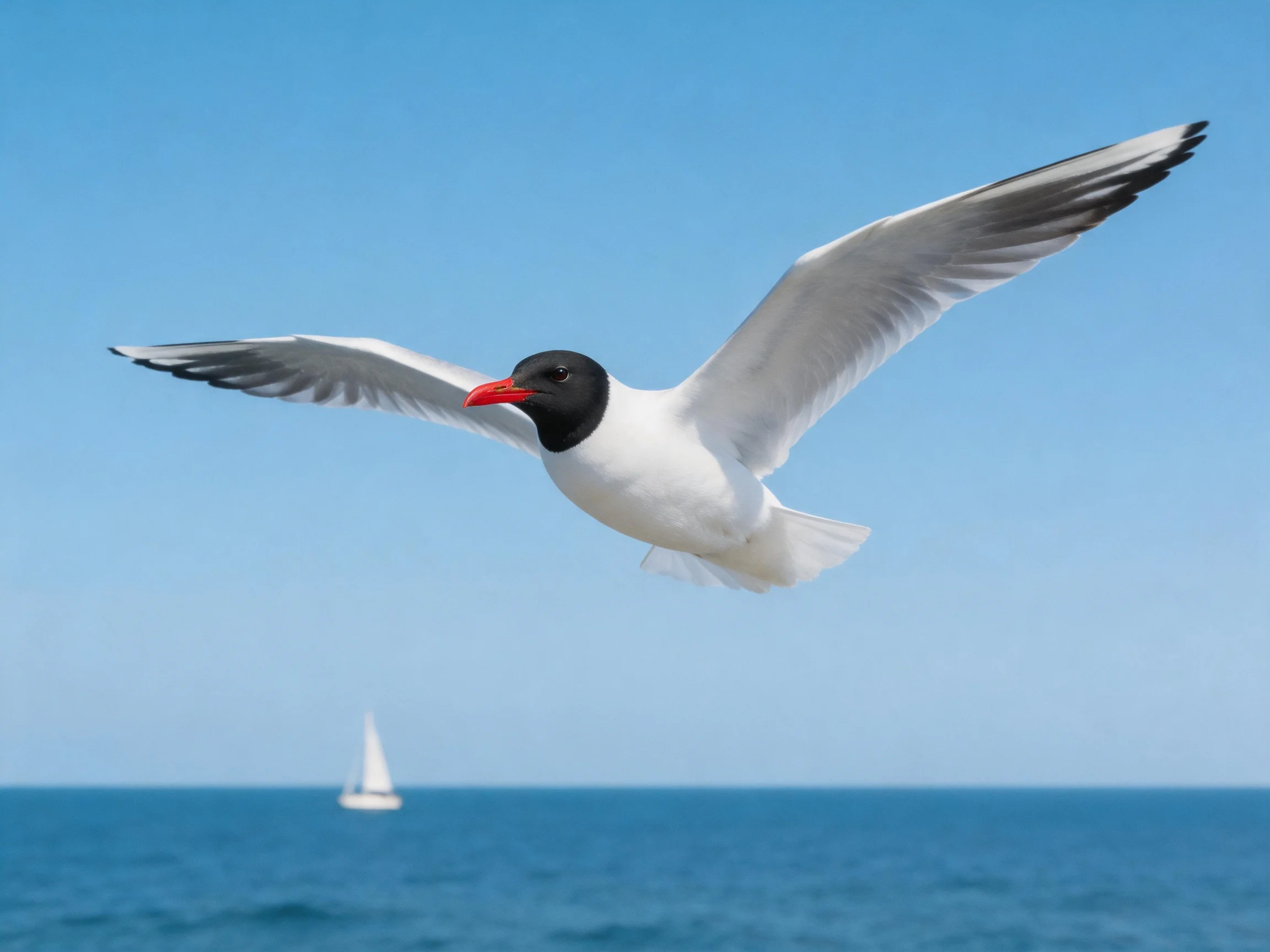 A black-headed gull flies over the sea with a sailboat in the distance.