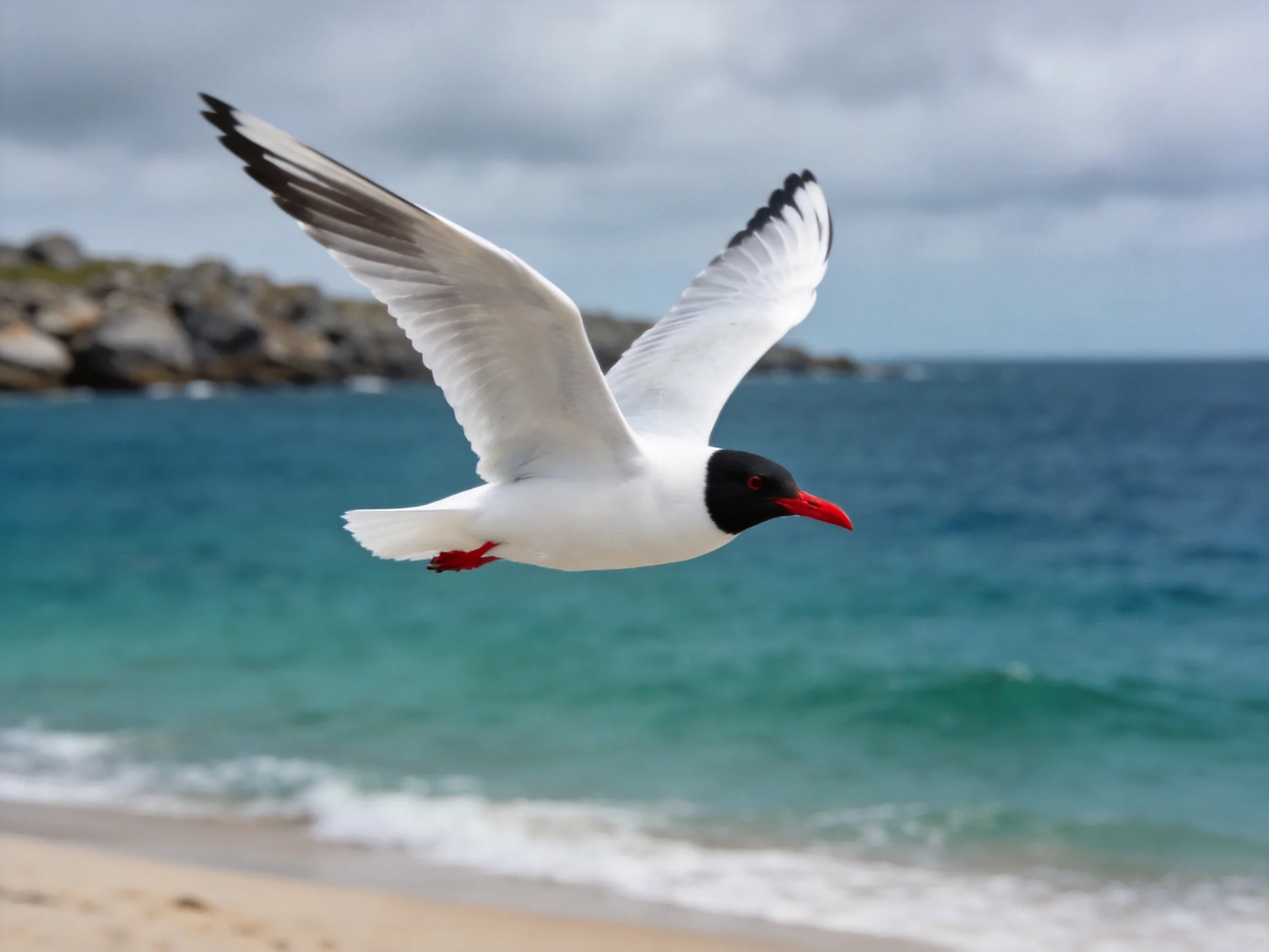 Black-headed gull soaring over turquoise ocean near rocky shoreline