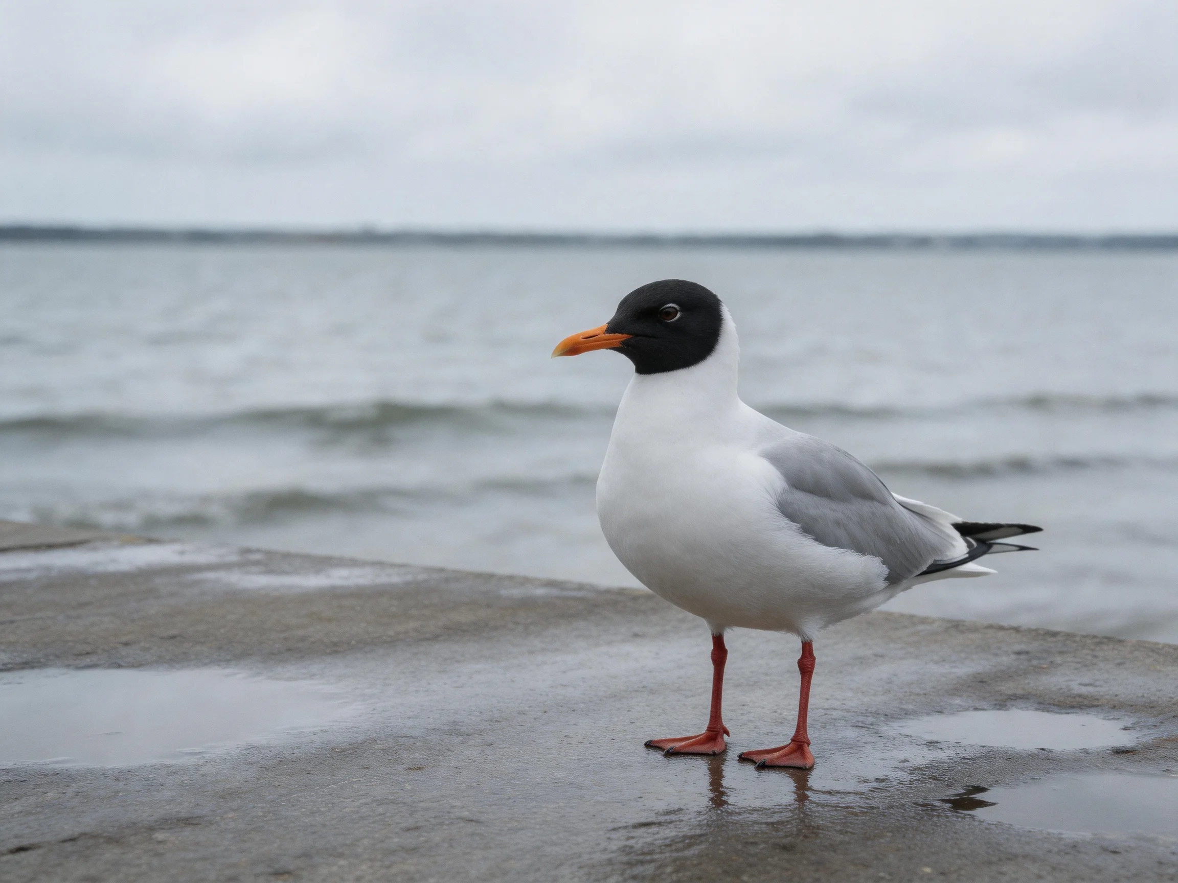 Black-headed gull with orange beak on wet concrete by calm waters