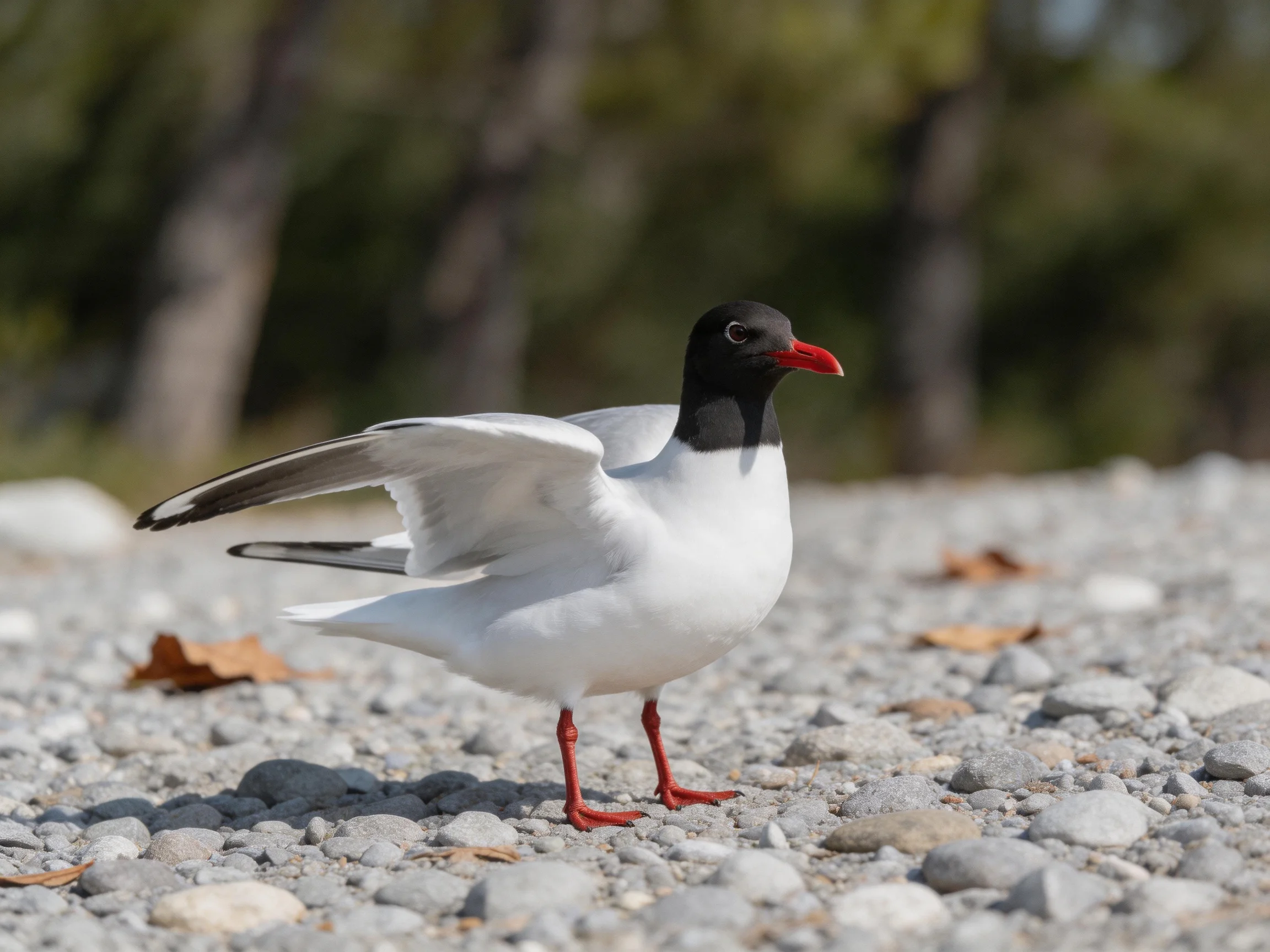 Black-headed gull with red beak on pebbly ground near trees