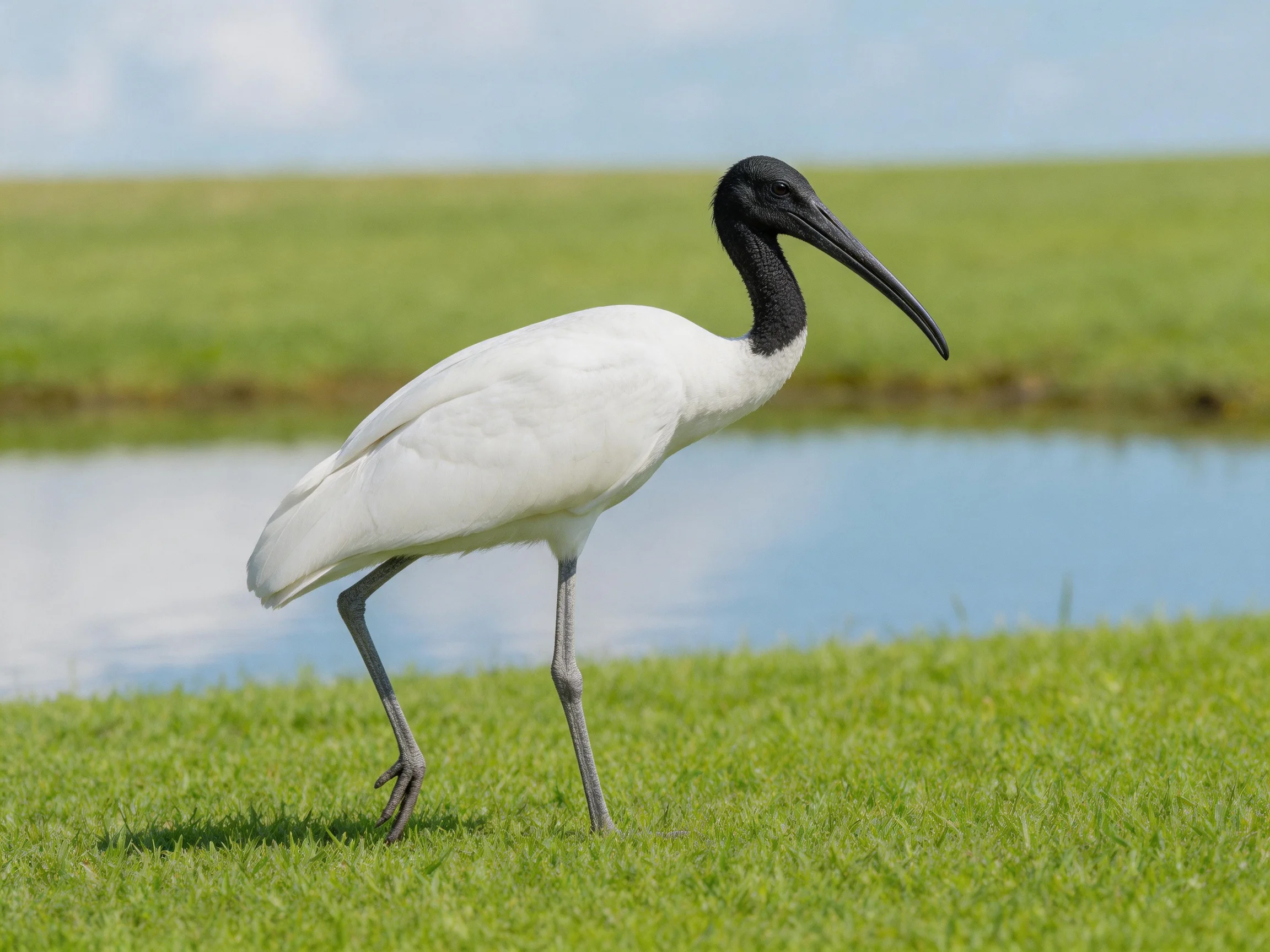 Black-headed ibis on lush green grass near water