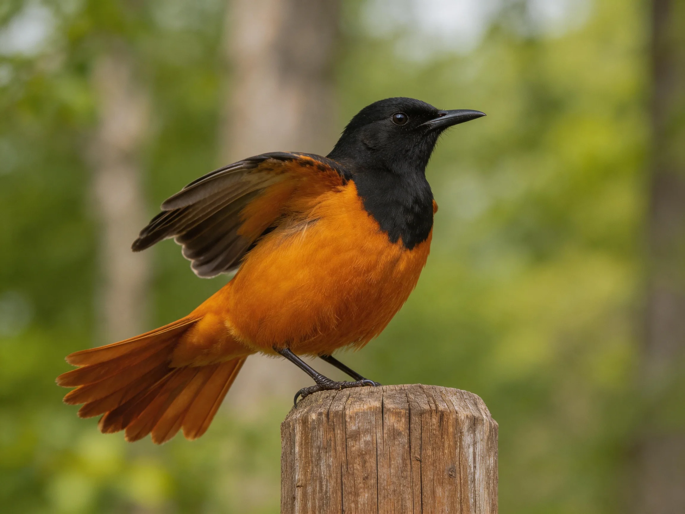 Black-headed orange bird perched on a weathered wooden post
