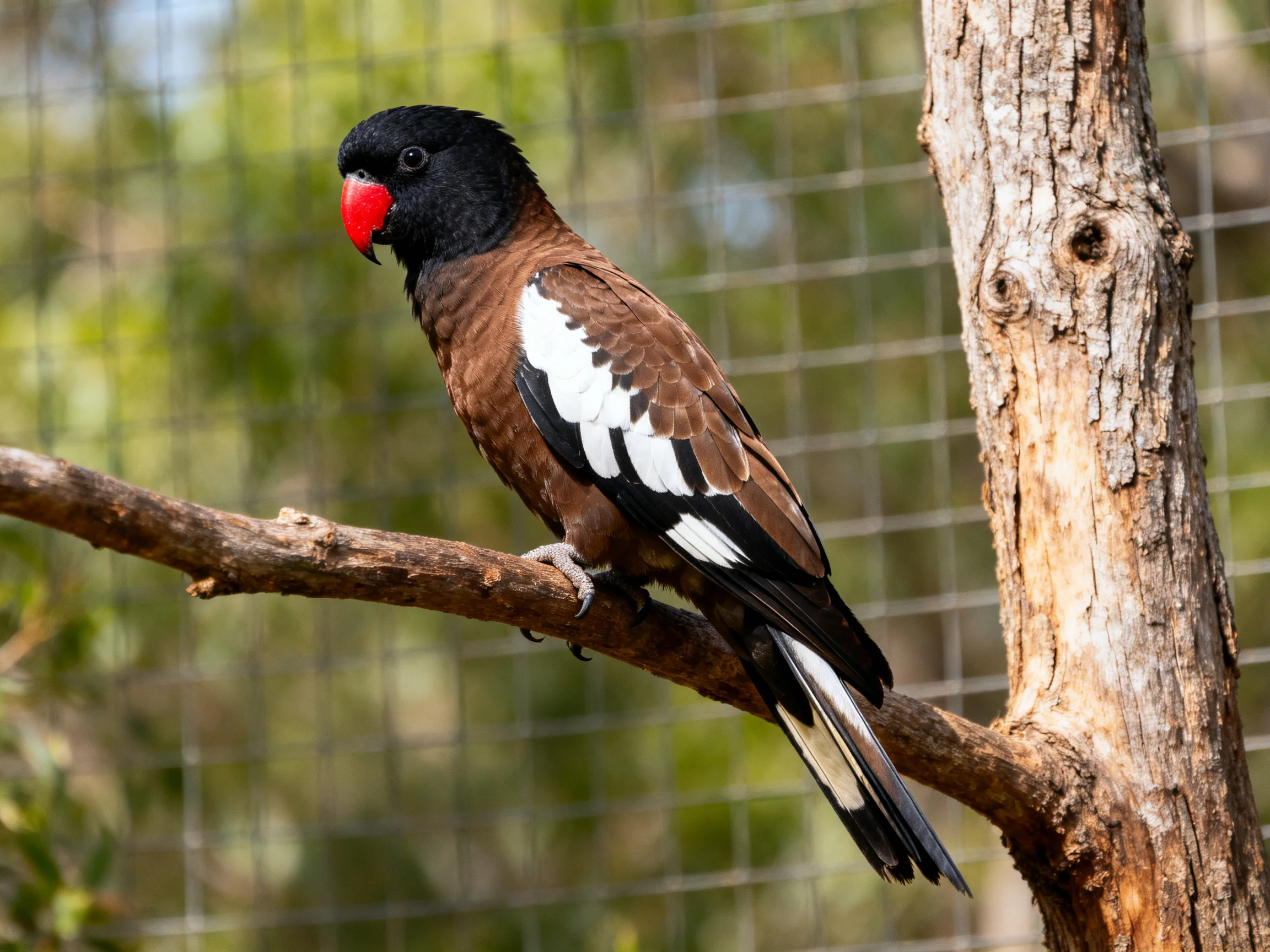 Black-headed parrot with red beak perched on wooden branch
