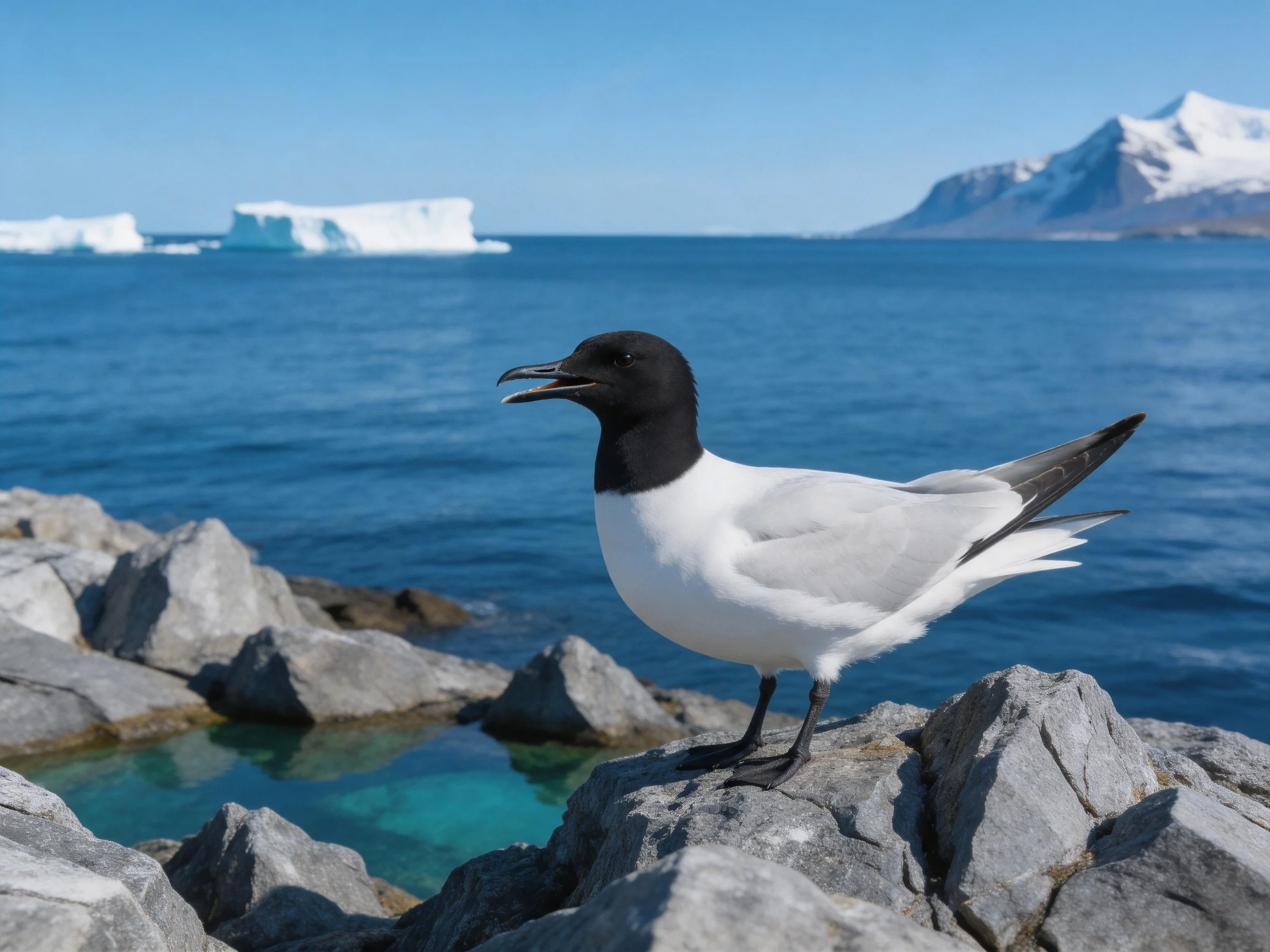 Black-headed seabird on rocky Arctic shoreline with icebergs