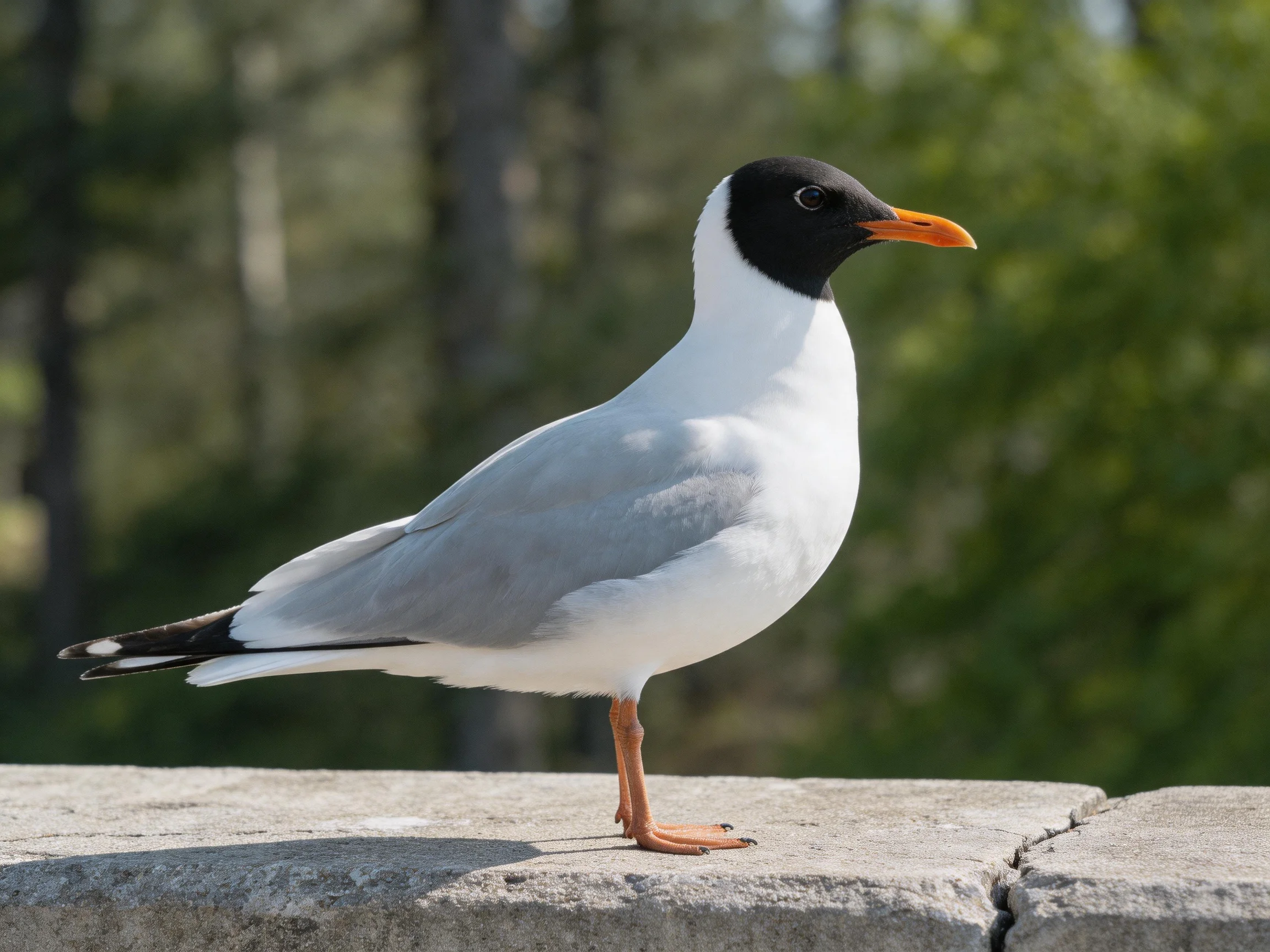 Black-headed seabird with orange beak perched on stone ledge