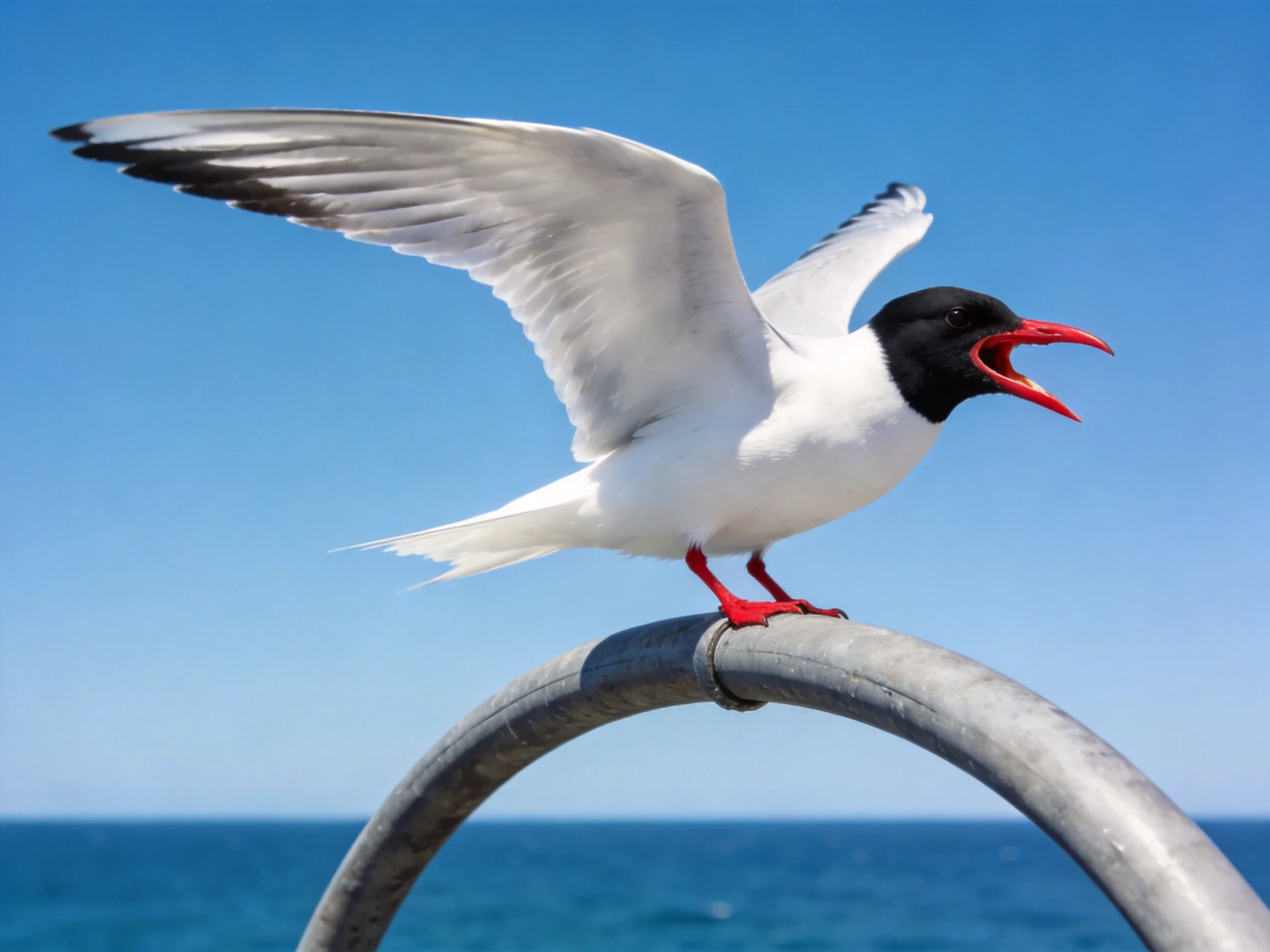 Black-headed seabird with red beak perched on metal ring by the sea