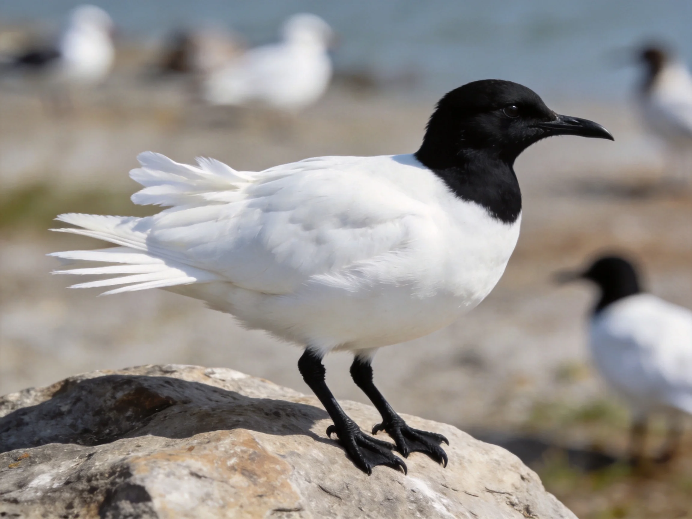 Black-headed seabird with white plumage perched on a rock