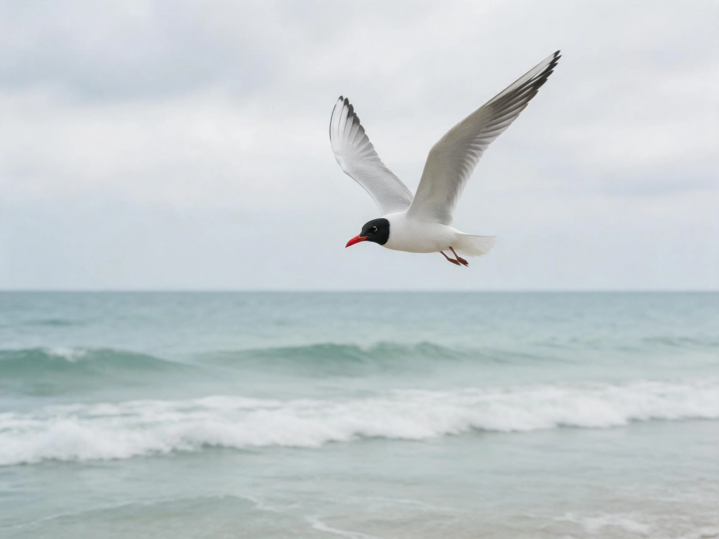 Black-headed seagull flying over coastal waters
