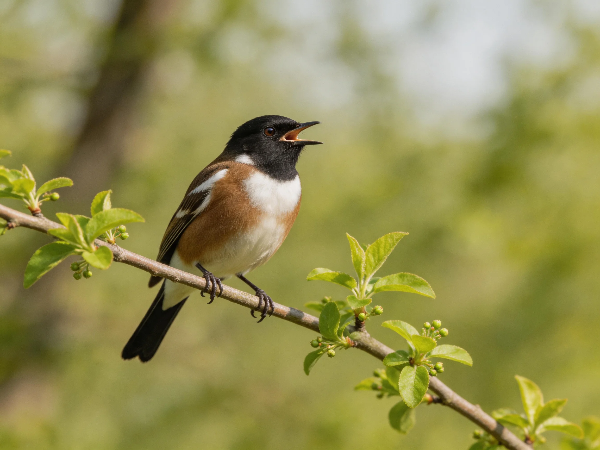 A colorful songbird rests on a branch amid green foliage.