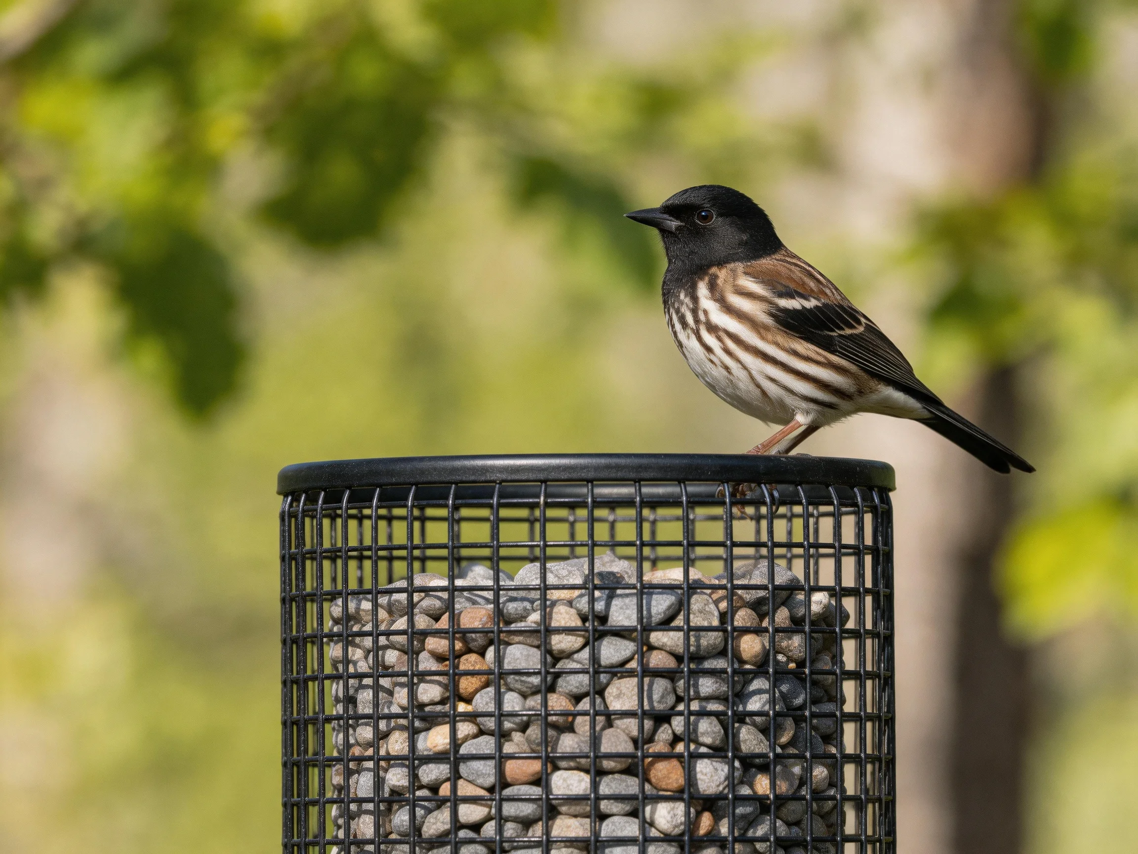 Black-headed sparrow perches on wire cage with pebbles